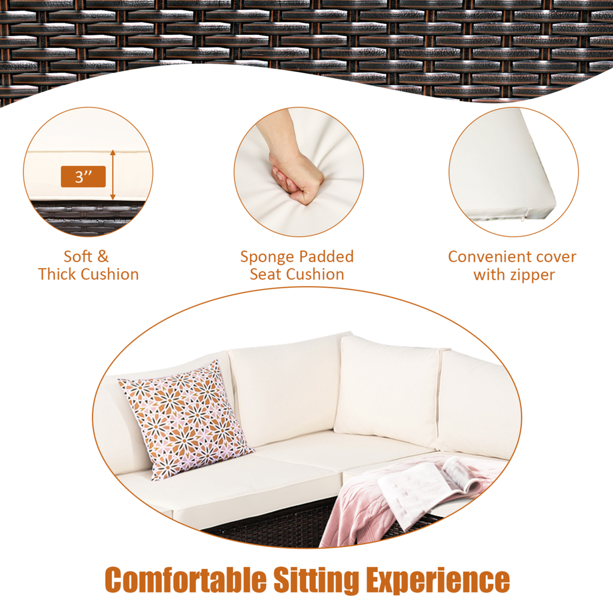 6PCS Rattan Patio Sectional Sofa Conversation Set Outdoor W/ Beige Cushions