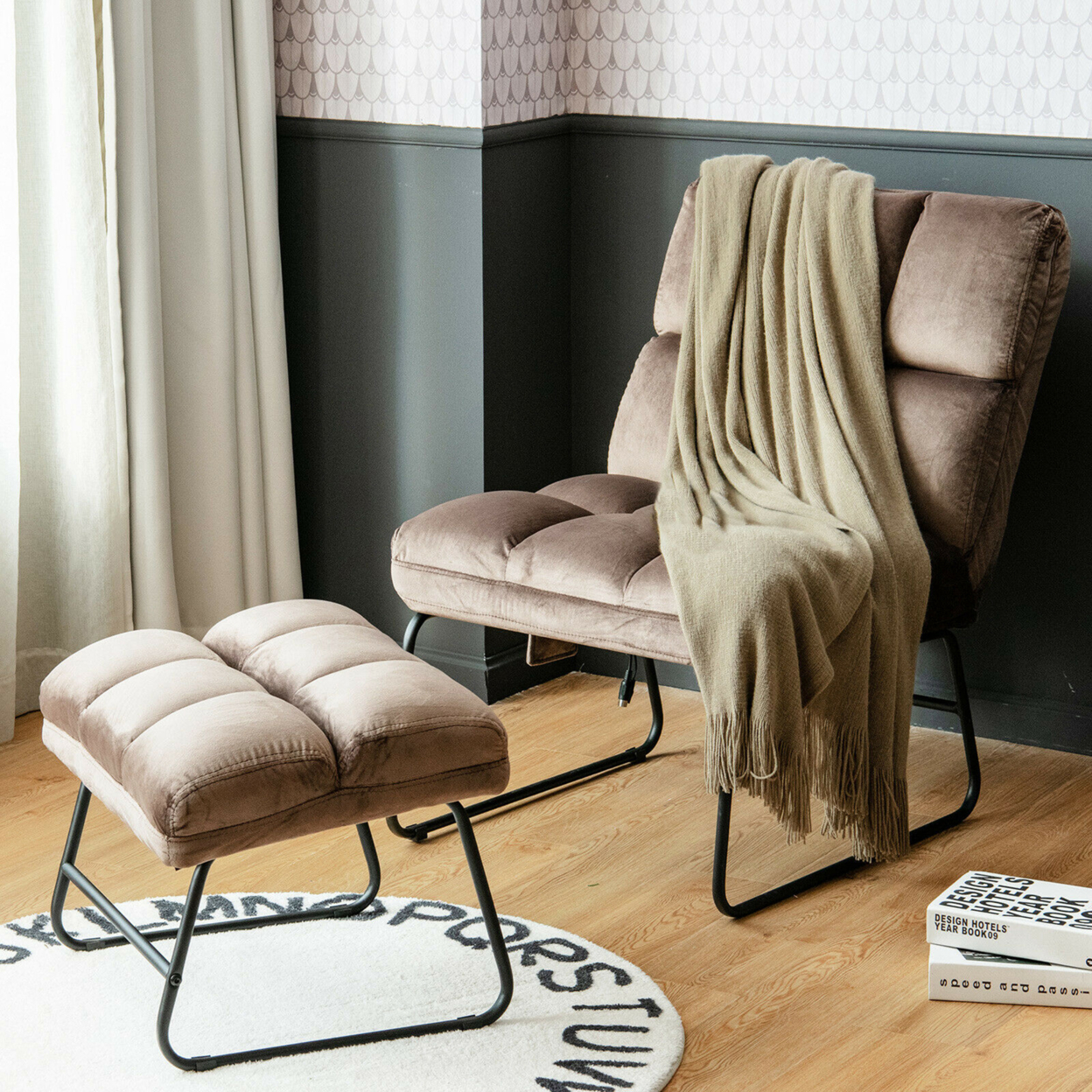 Massage Chair Velvet Accent Sofa Chair W/ Ottoman & Remote Control Brown