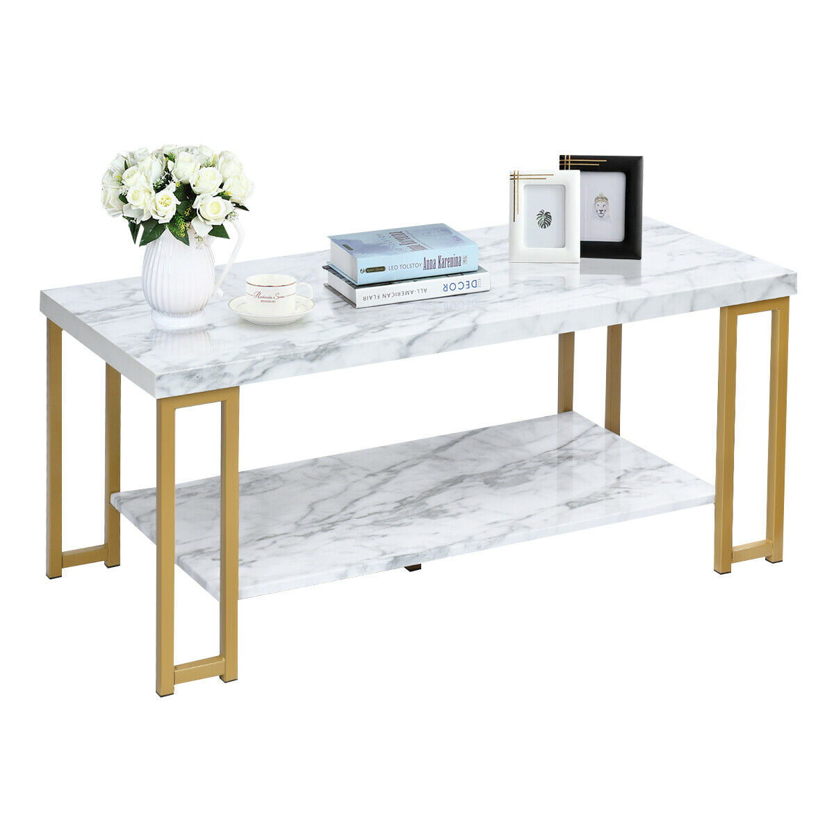 Modern Coffee Table Faux Marble Top Accent Cocktail Table W/ Gold Metal Frame