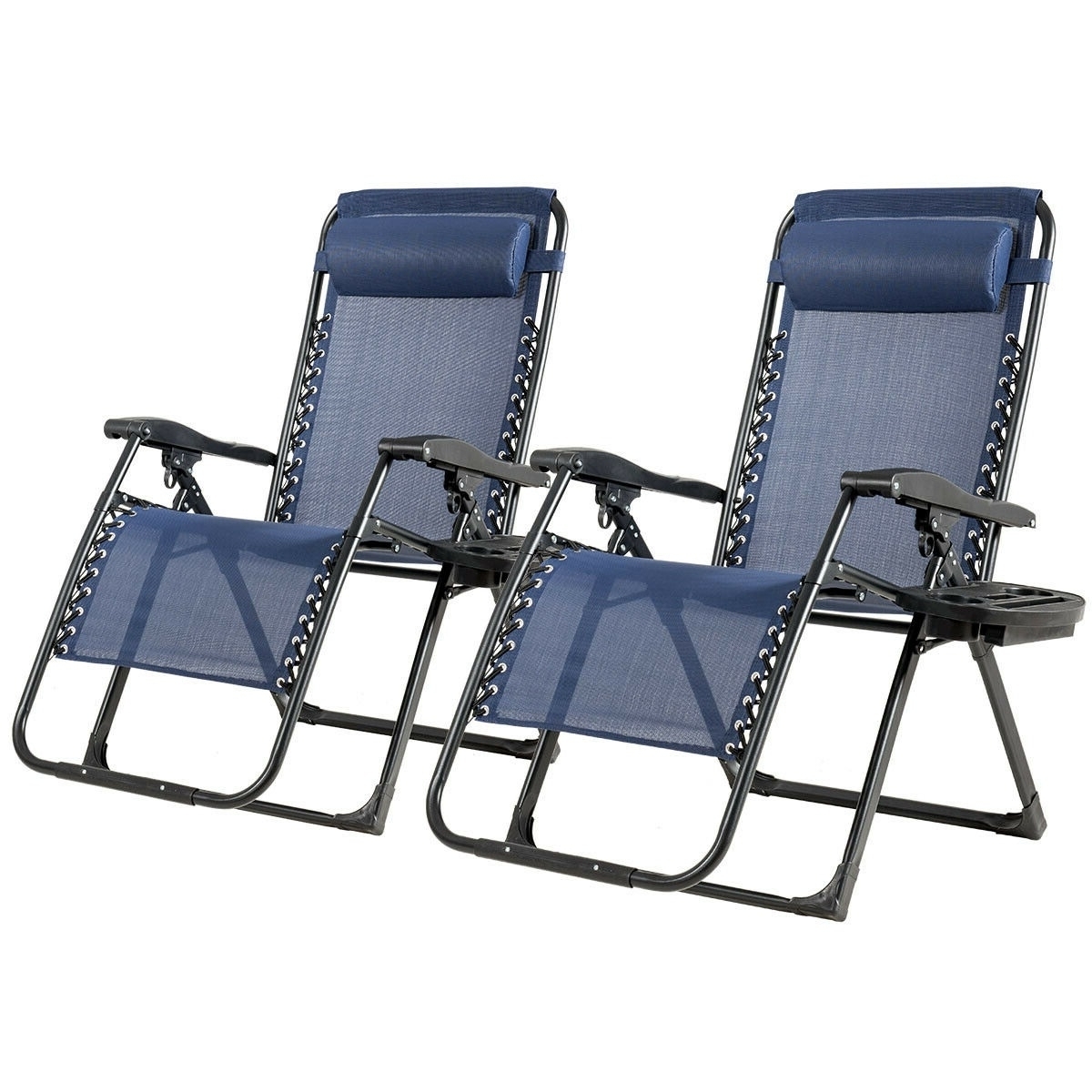 2PCS Folding Zero Gravity Lounge Chair Recliner W/ Cup Holder Pillow - Navy Blue