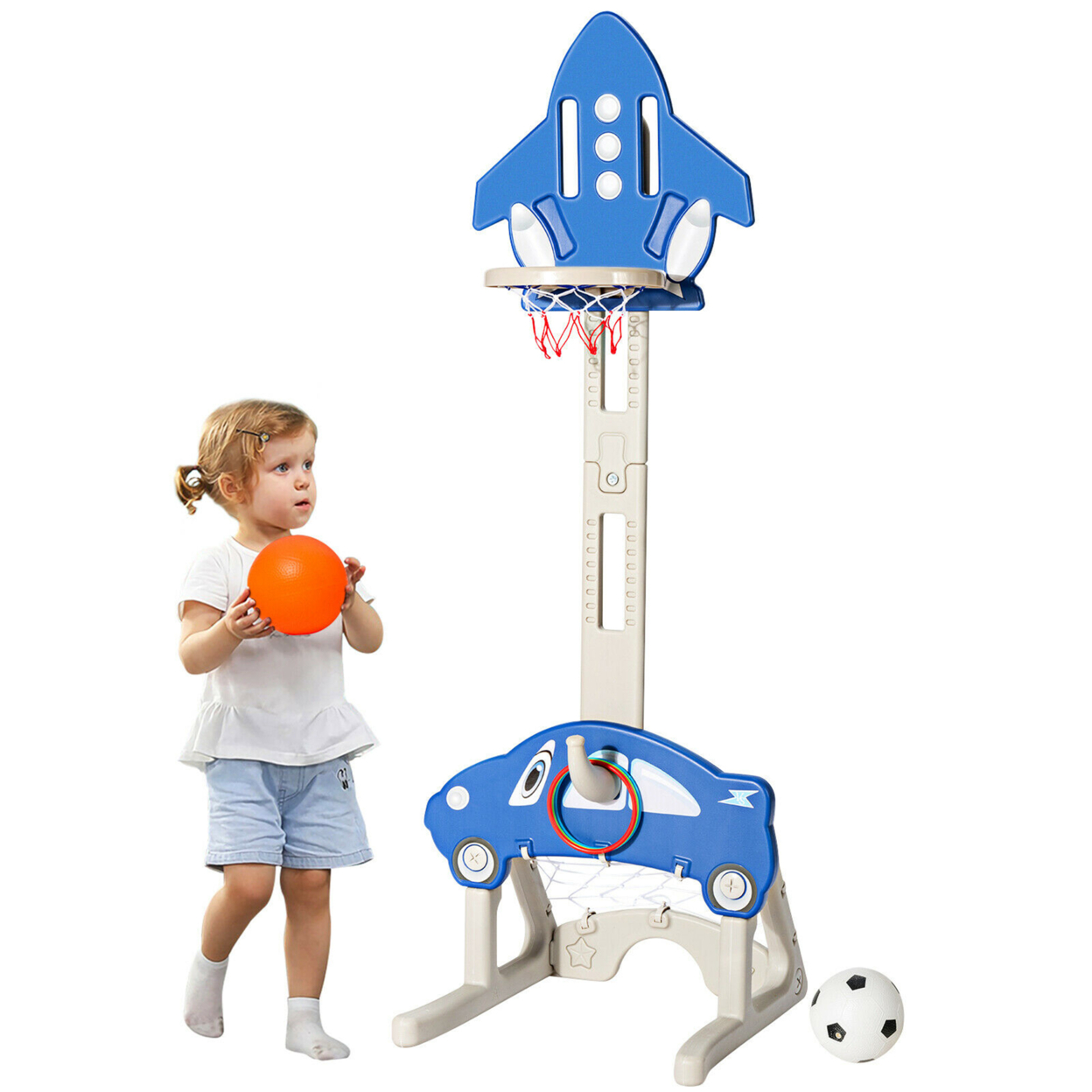 3-in-1 Basketball Hoop For Kids Adjustable Height Playset W/ Balls Blue