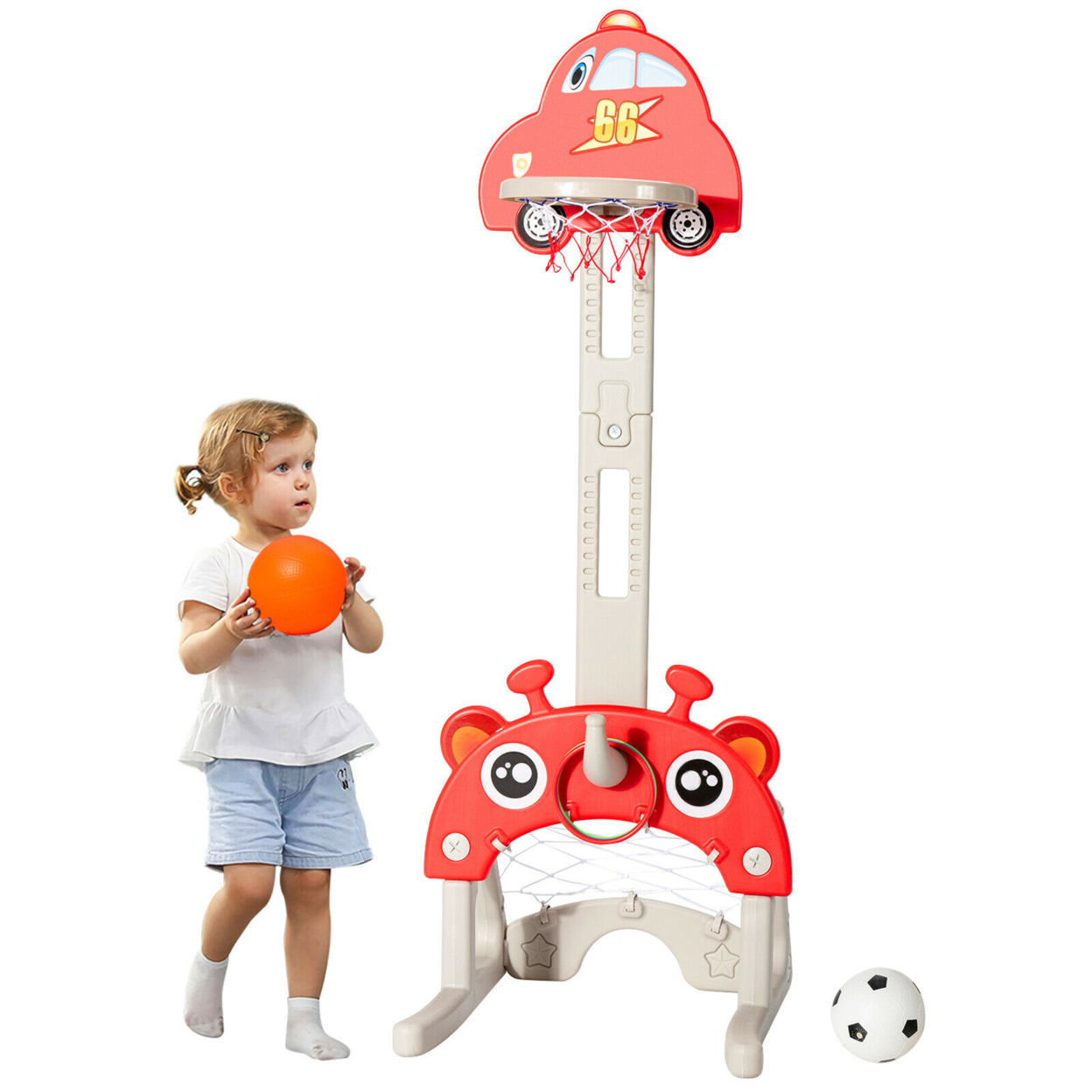 3-in-1 Basketball Hoop For Kids Adjustable Height Playset W/ Balls Red