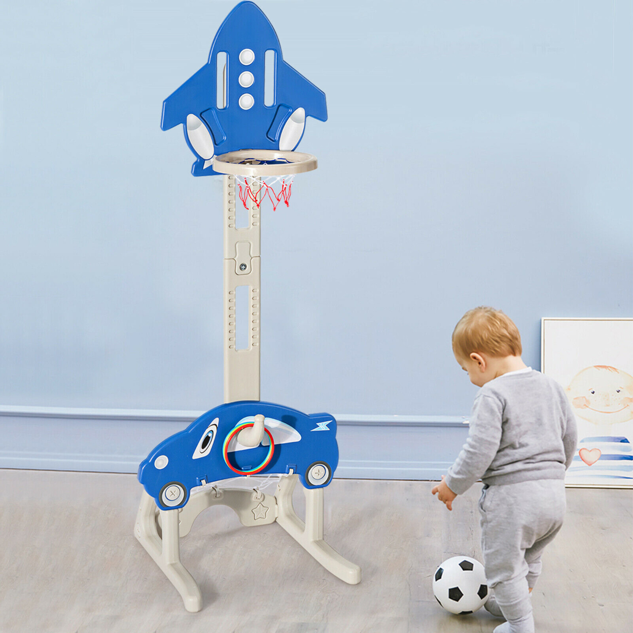 3-in-1 Basketball Hoop For Kids Adjustable Height Playset W/ Balls Blue