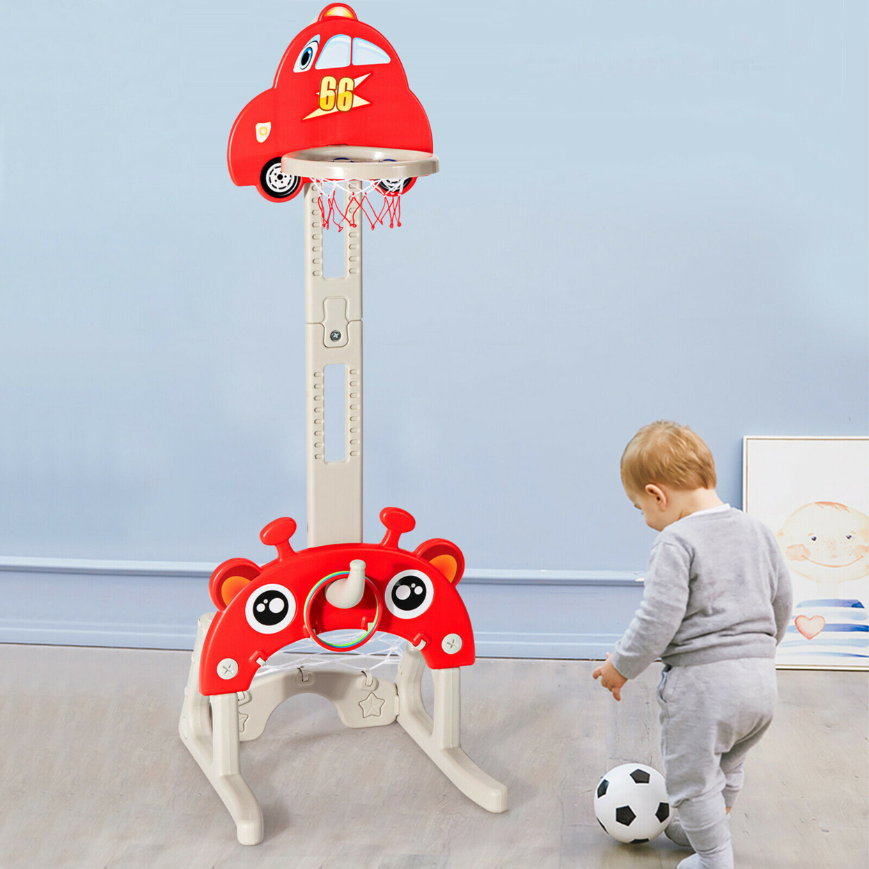 3-in-1 Basketball Hoop For Kids Adjustable Height Playset W/ Balls Red