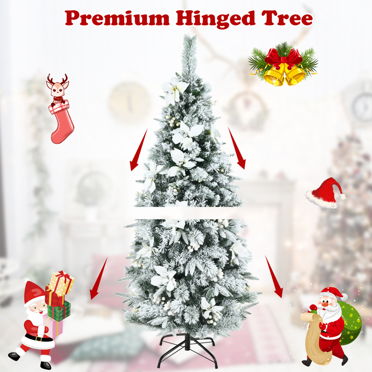 5/6/7/8 FT Artificial Snow Flocked Pencil Christmas Tree W/ White Berries & Flowers - 6 Ft