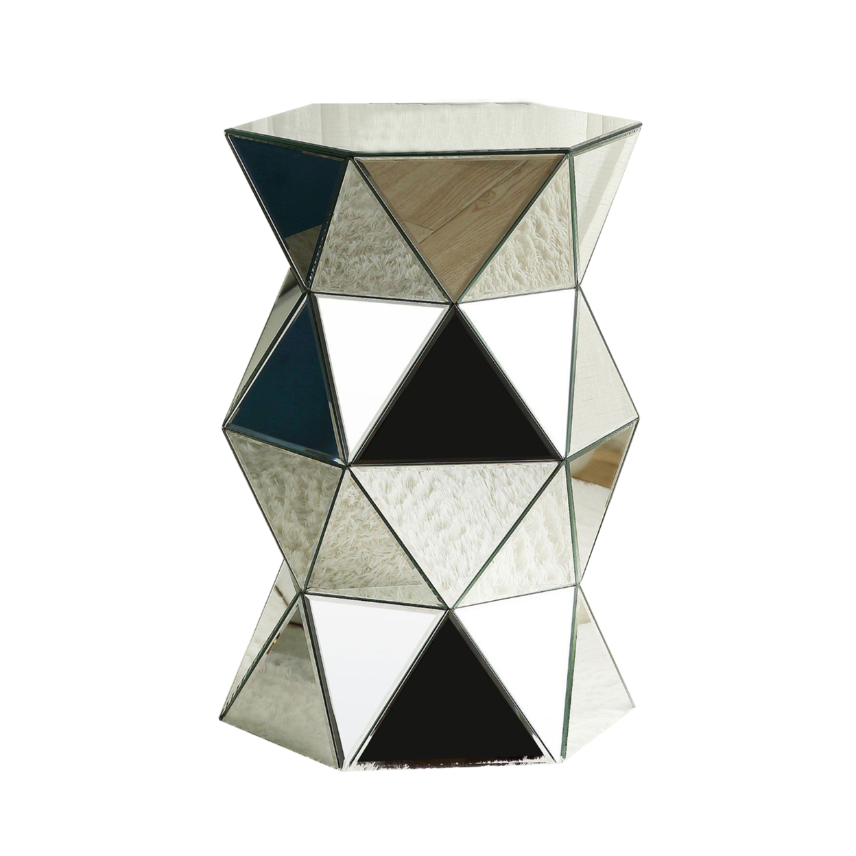 Mirrored Pedestal With Geometric Design And Faceted Sides, Silver- Saltoro Sherpi