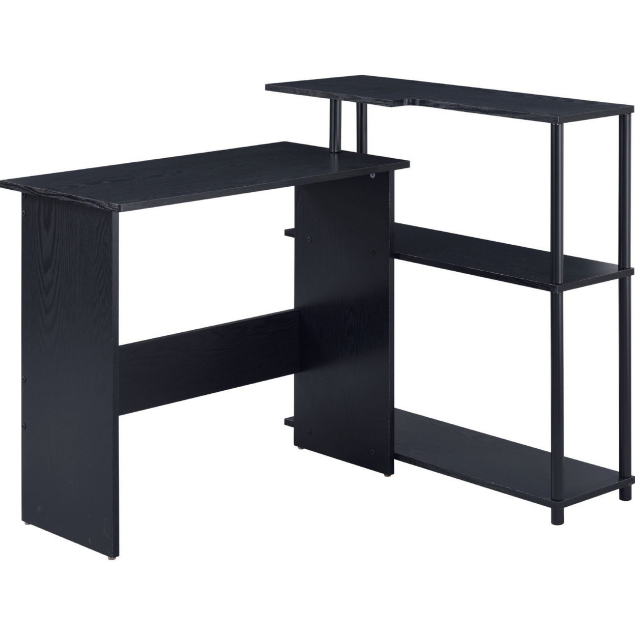 Writing Desk With L Shaped Design And 3 Tier Wooden Shelves, Black- Saltoro Sherpi