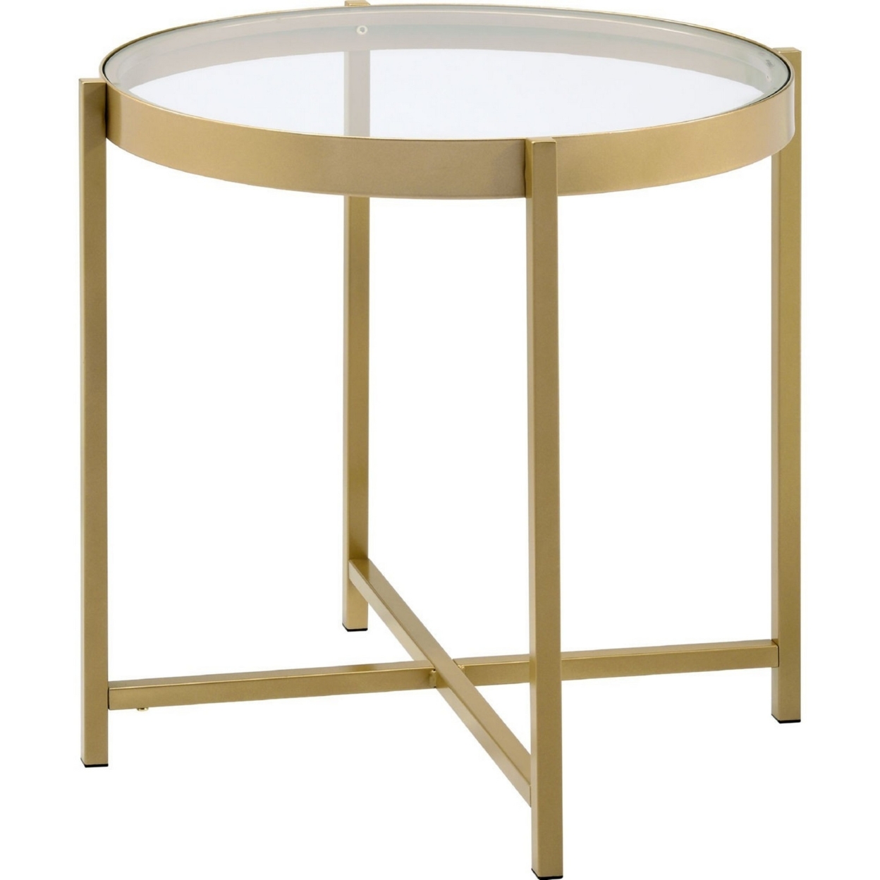 End Table With Round Glass Top And Metal Frame, Gold- Saltoro Sherpi