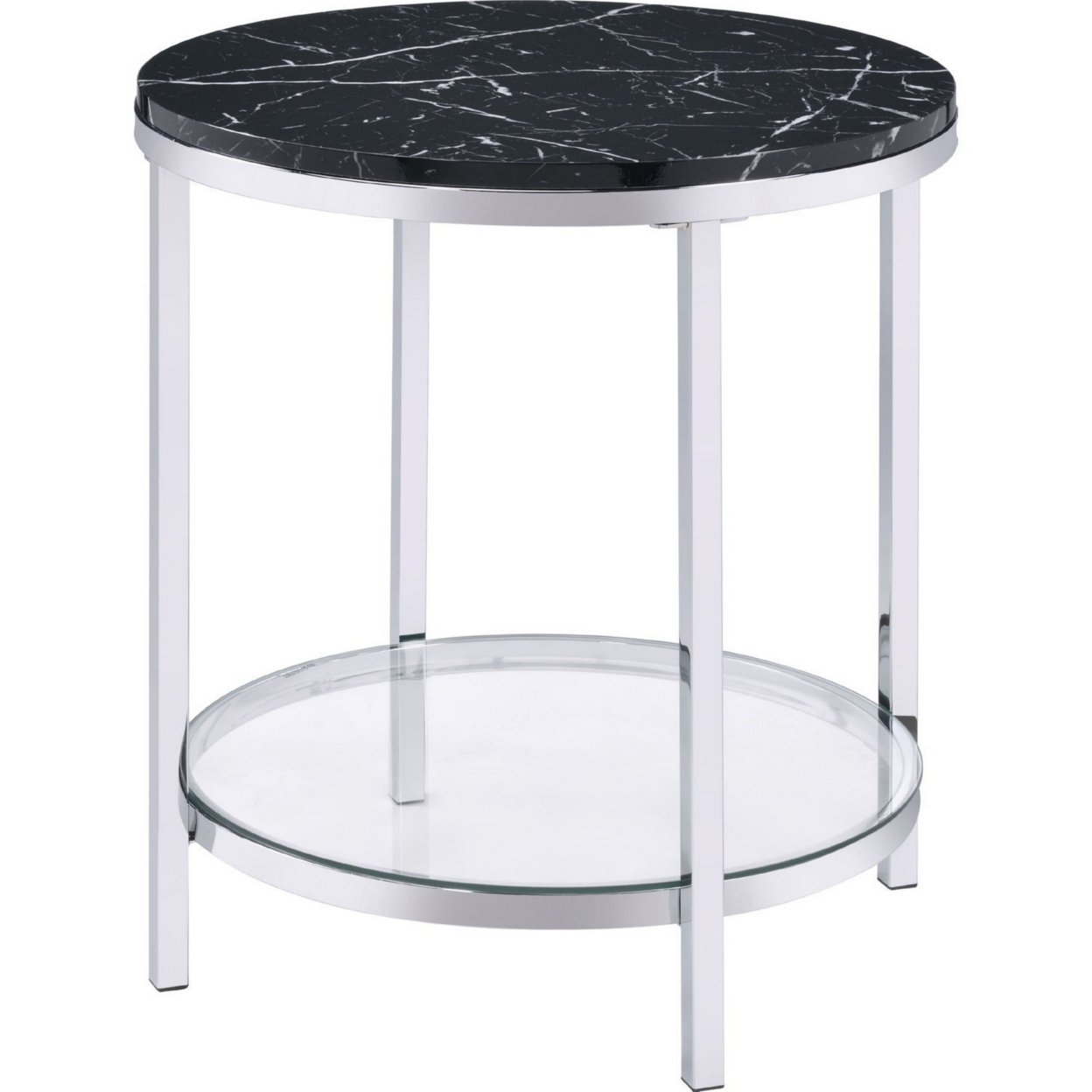 End Table With Round Faux Marble Top And Glass Shelf, Black- Saltoro Sherpi