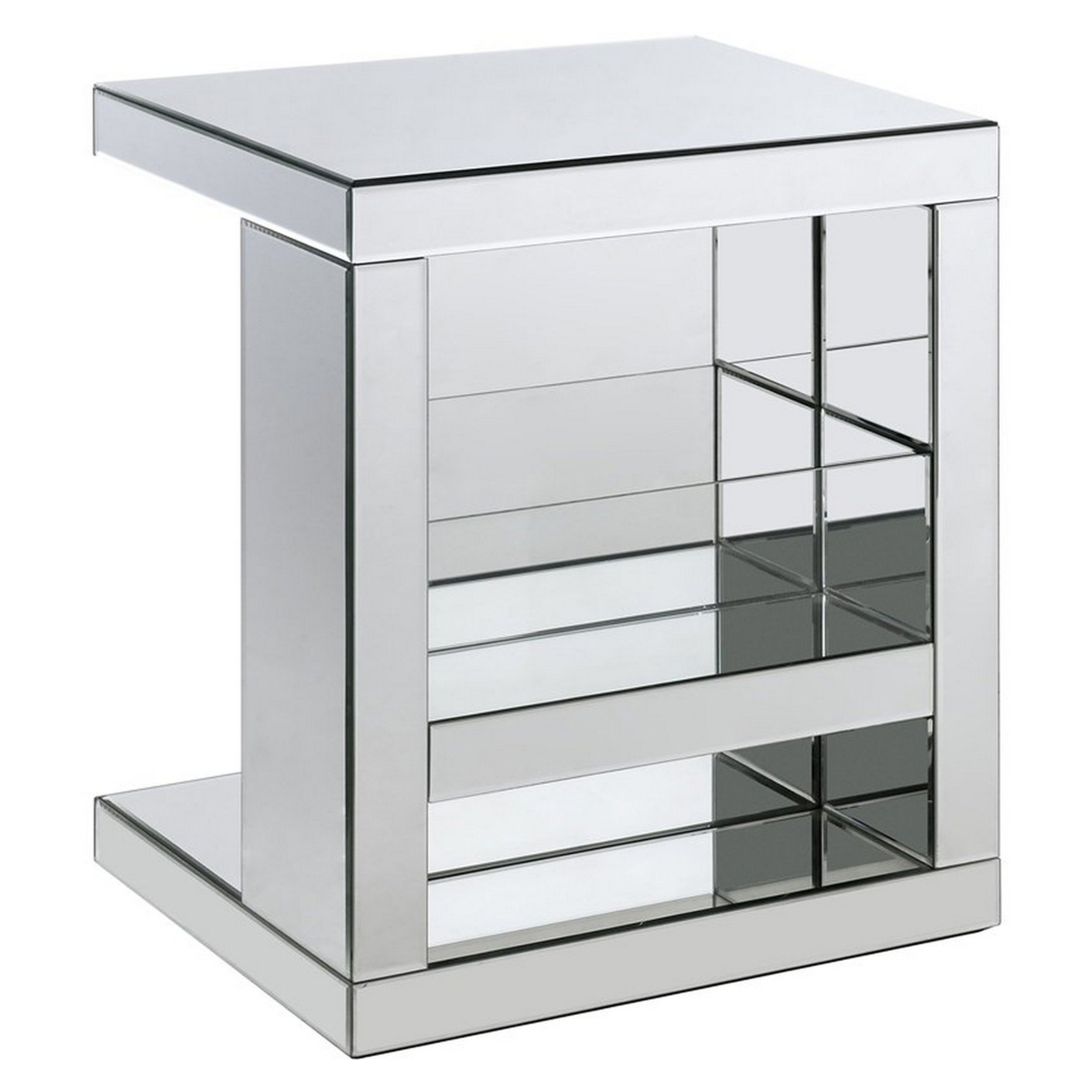 Accent Table With Mirrored Panels And C Shape, Silver- Saltoro Sherpi