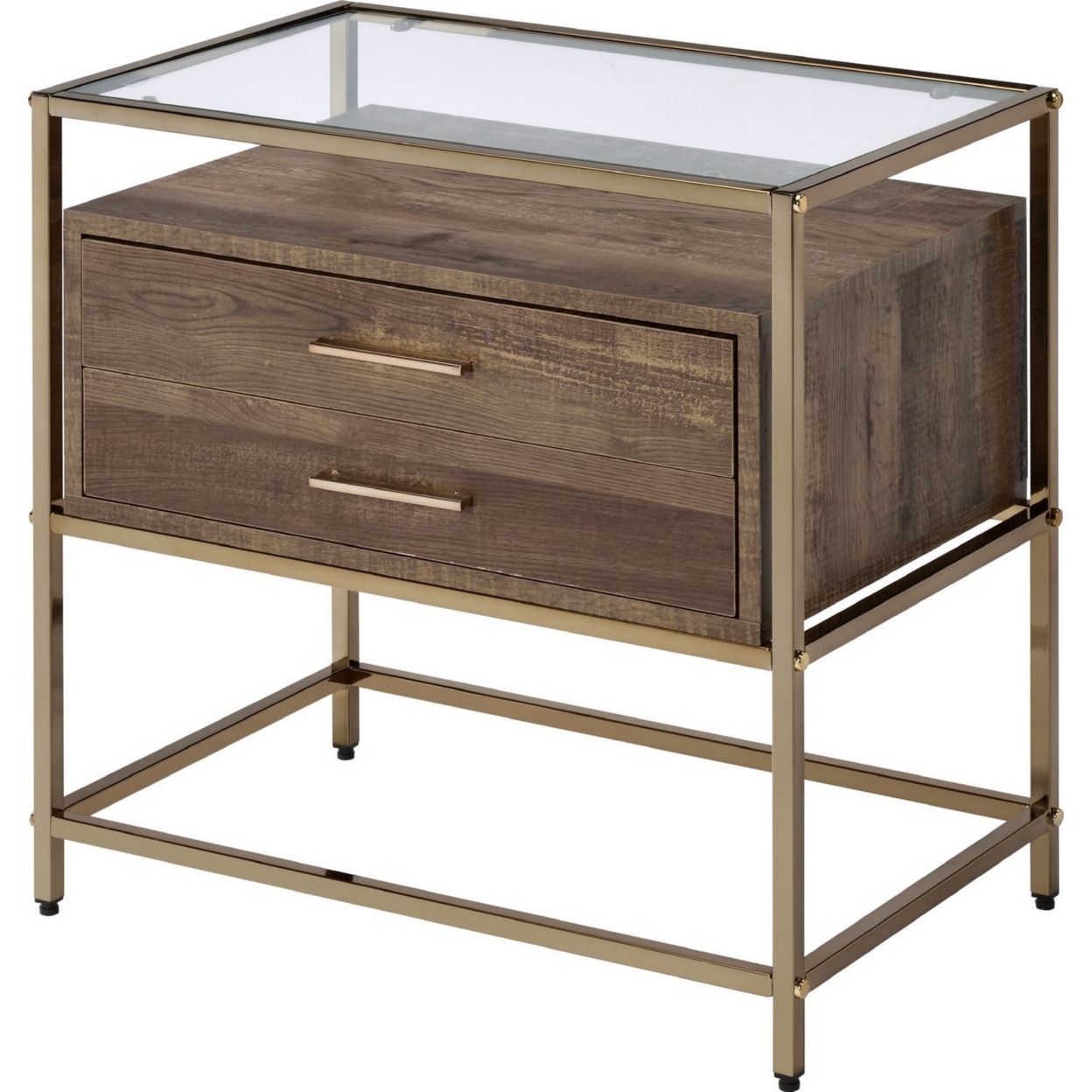 Accent Table With 2 Drawers And Metal Frame Glass Top, Brown And Gold - Saltoro Sherpi