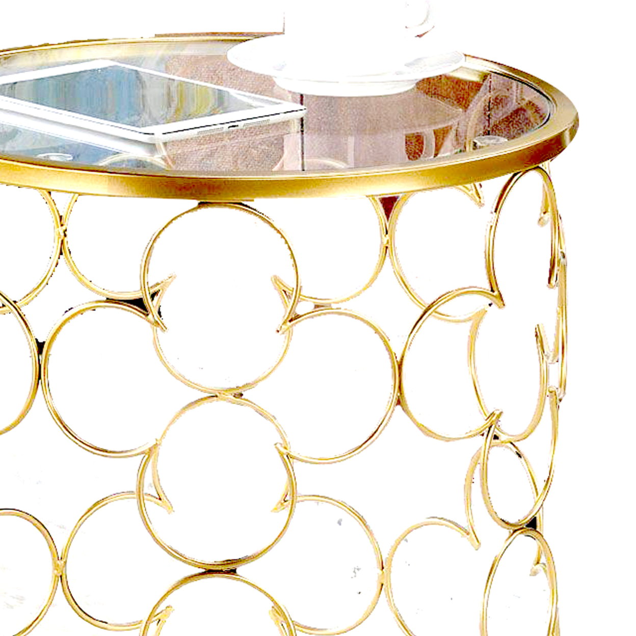 2 Piece Round Nesting Table With Lattice Metal Base, Gold- Saltoro Sherpi