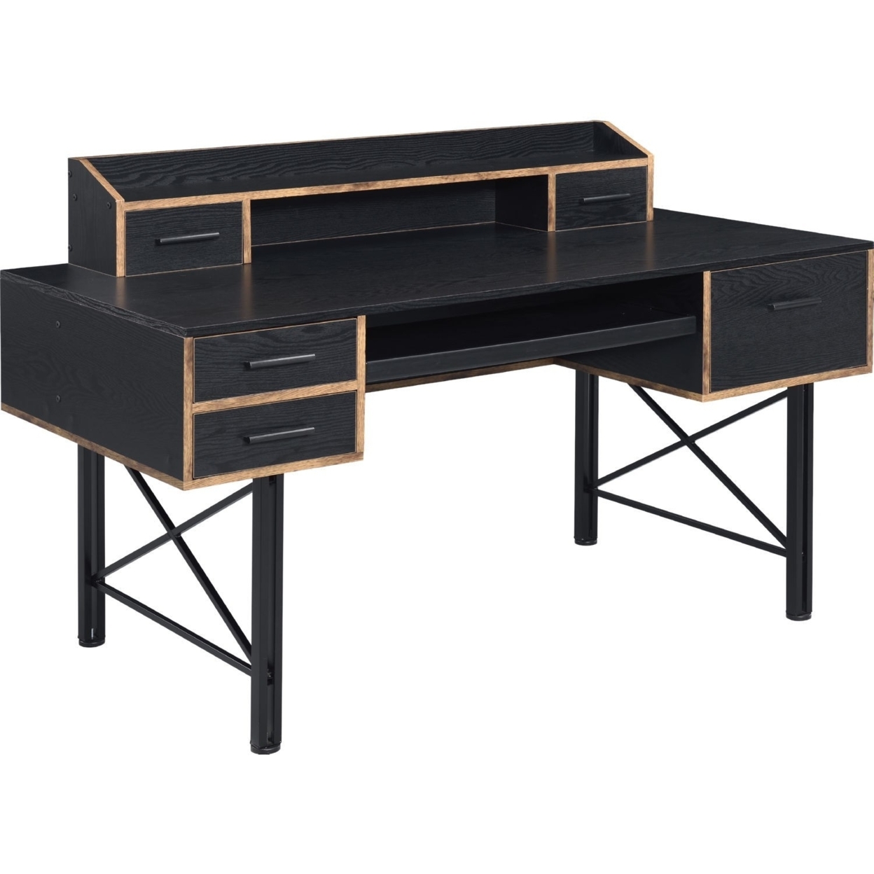 Computer Desk With Low Hutch And 5 Drawers, Black- Saltoro Sherpi