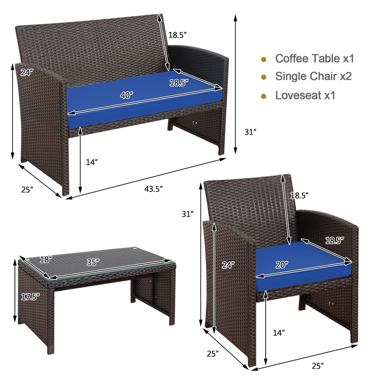 4PCS Patio Conversation Set Outdoor Rattan Furniture Set W/ Navy Cushions