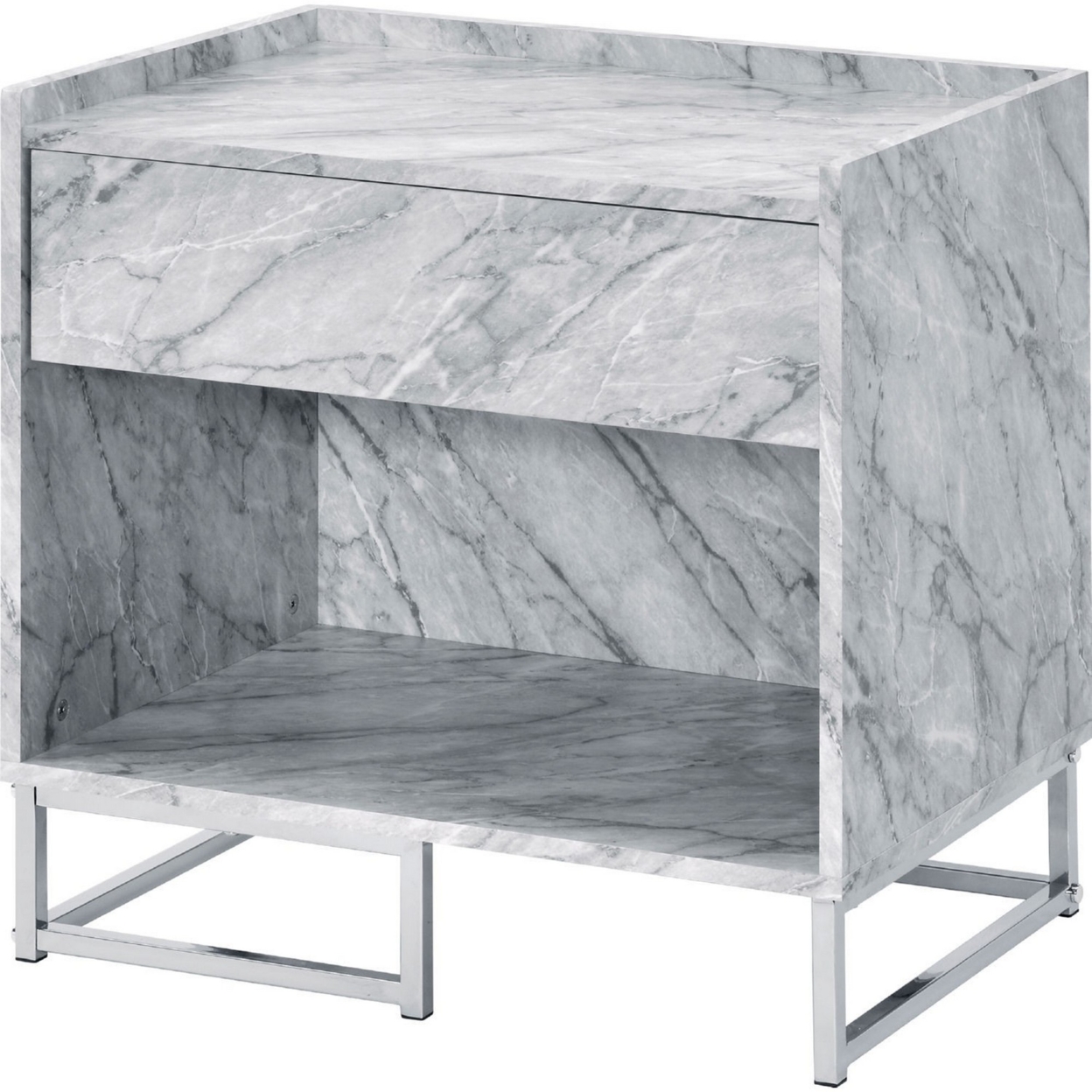 Faux Marble Accent Table With Chrome Finish, White- Saltoro Sherpi
