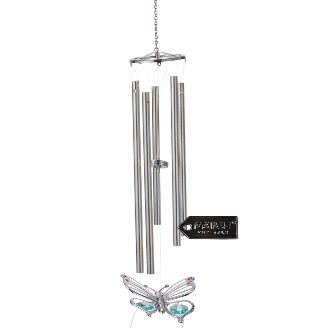 Matashi Chrome Plated Silver Color Butterfly Decorative Wind Chime With Crystals
