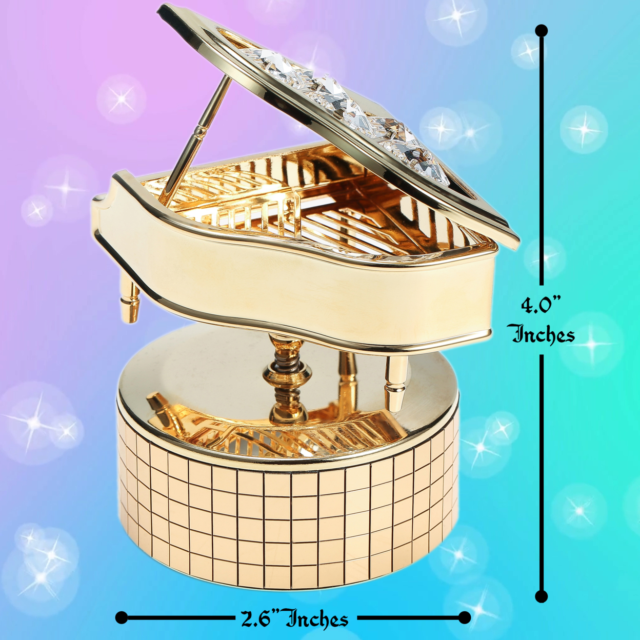 24K Gold Plated Wind Up Music Box With Crystal Studded Grand Piano Figurine By Matashi
