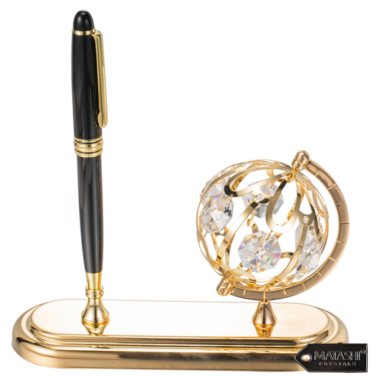 Highly Polished 24K Gold Plated Executive Desk Set With Pen And Globe Ornament By Matashi