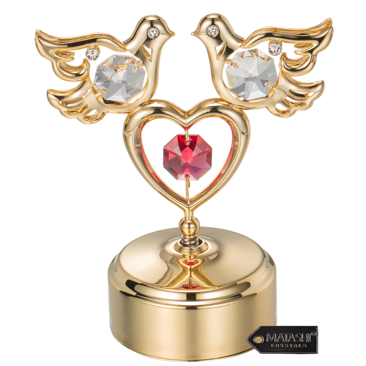 24K Gold Plated Music Box With Clear Crystal Studded Love Doves Red Crystal Studded Heart Figurine On A Smooth Base By Matashi