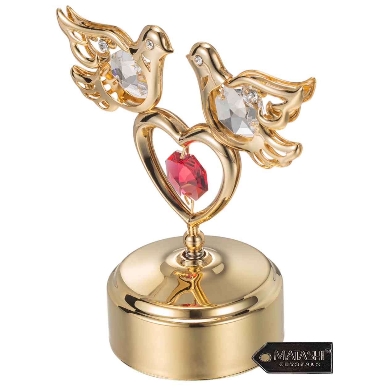 24K Gold Plated Music Box With Clear Crystal Studded Love Doves Red Crystal Studded Heart Figurine On A Smooth Base By Matashi