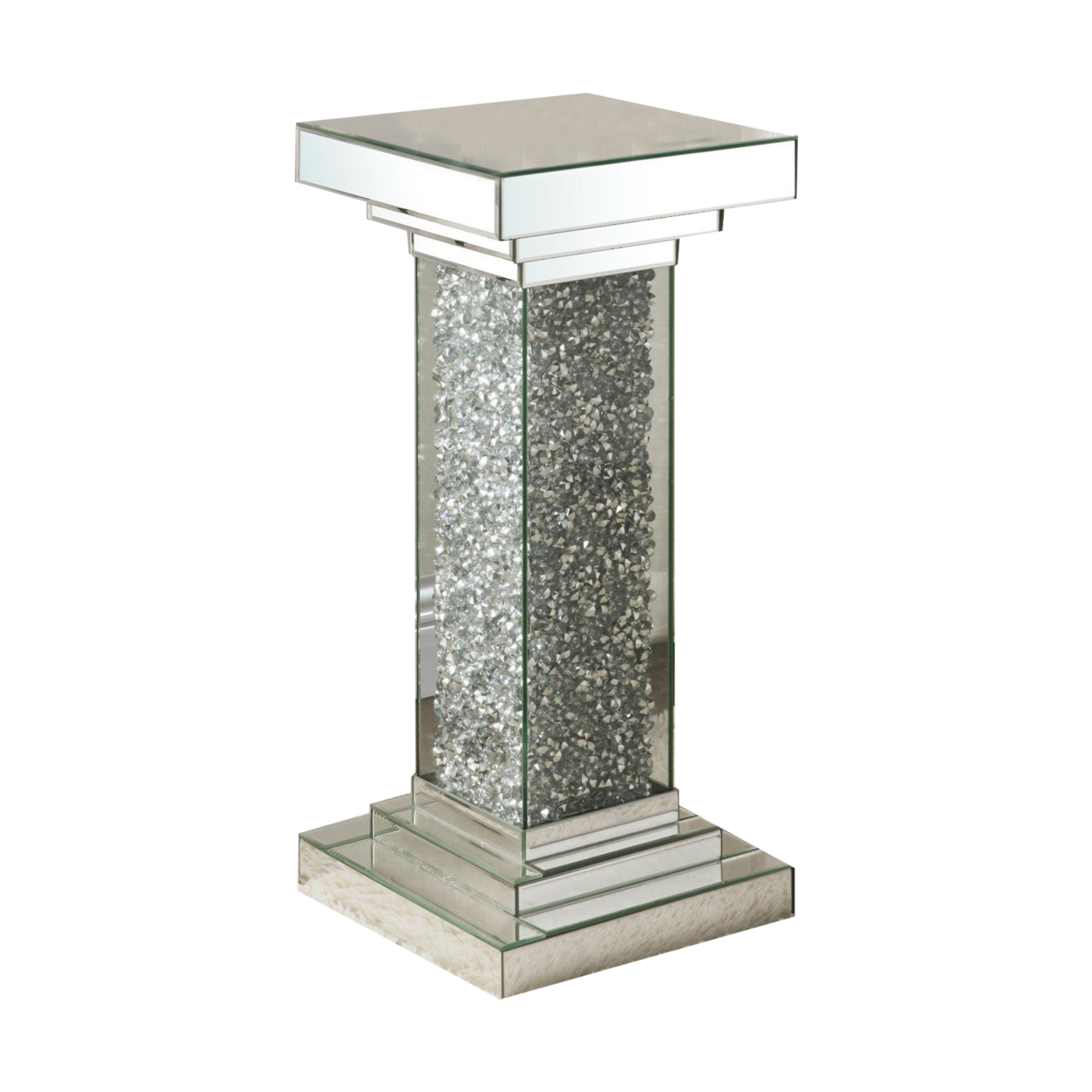 Pedestal With Mirrored Trim And Faux Diamond Accent, Silver- Saltoro Sherpi
