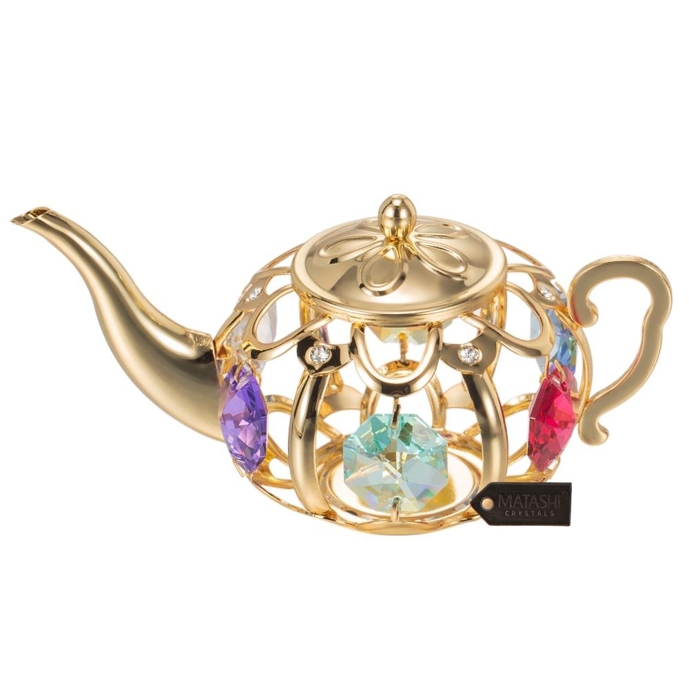 24K Gold Plated Teapot With Multicolored Crystals Ornament By Matashi