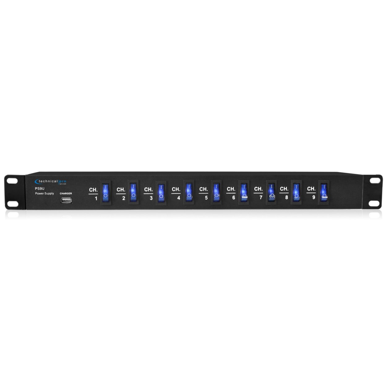 Technical Pro 1800W 9 Outlet High Load Electric Rack Mount Power Supply W/ 9 Power Switches, Extension Cords, And 5V USB Charging Port