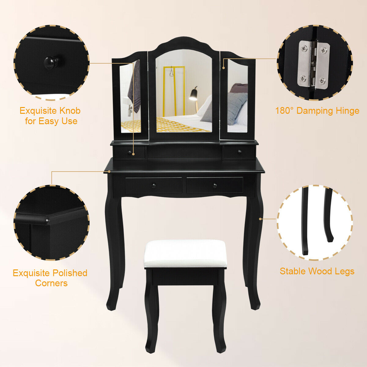 Bedroom Vanity Jewelry Makeup Dressing Table Set Folding Mirror White/Black - Black
