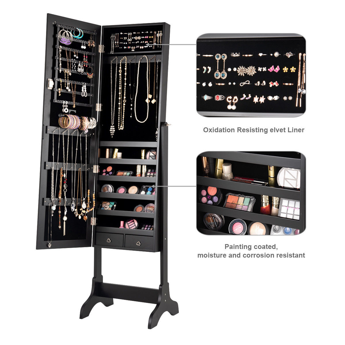 Jewelry Organizer Vanity Box W/ Full Length Mirror Black/ White - White