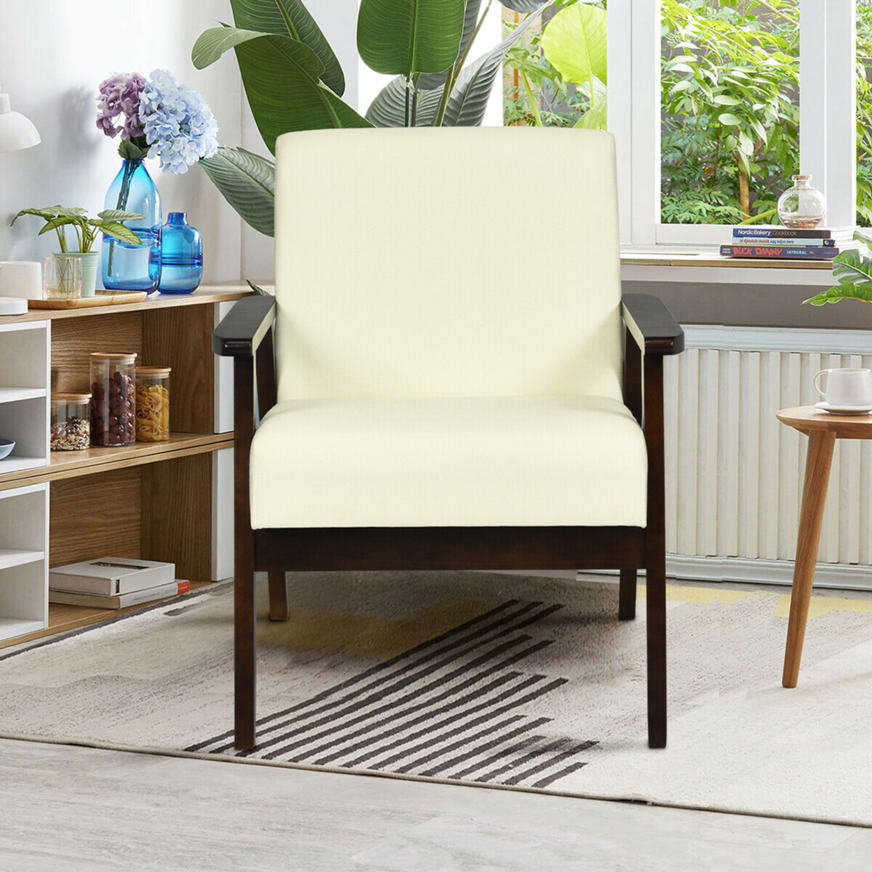 Wooden Upholstered Accent Chair Fabric Armchair Home Office - Yellow