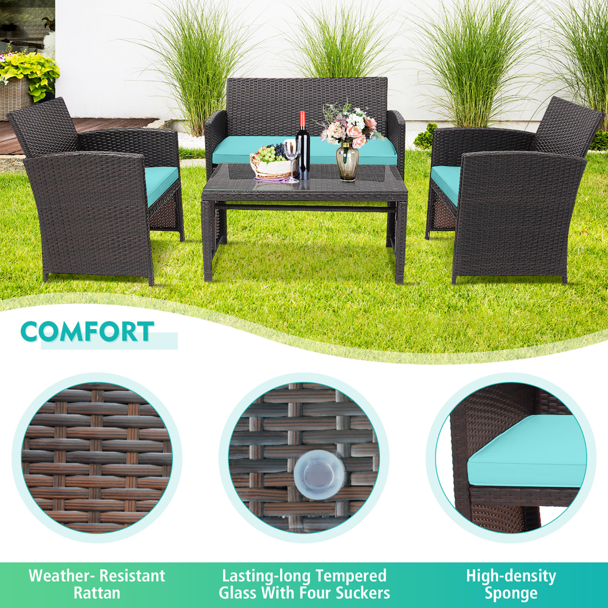 8PCS Patio Conversation Set Outdoor Rattan Furniture Set W/ Turquoise Cushions