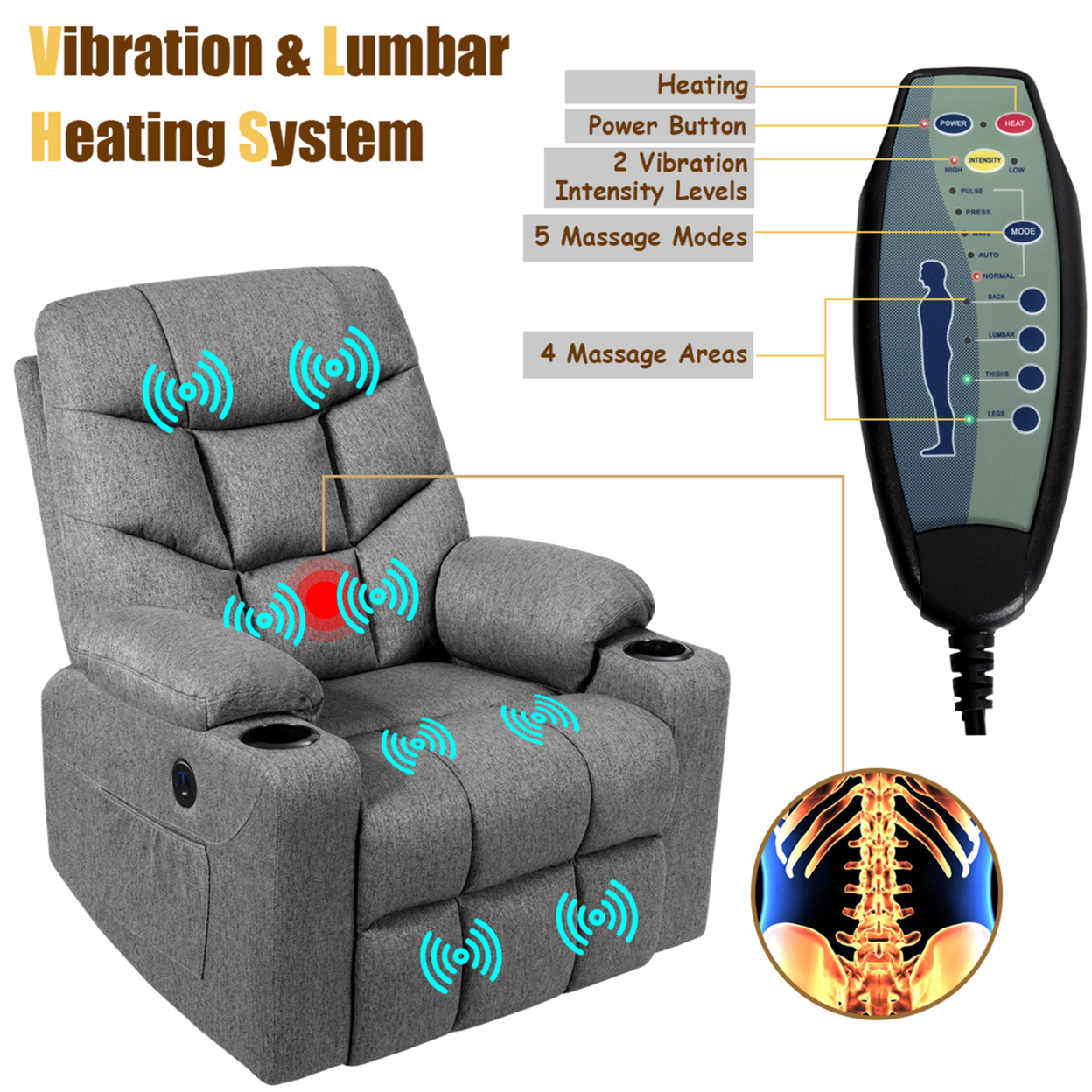 Power Lift Massage Recliner Fabric Sofa Chair W/ Remote Control - Light Gray