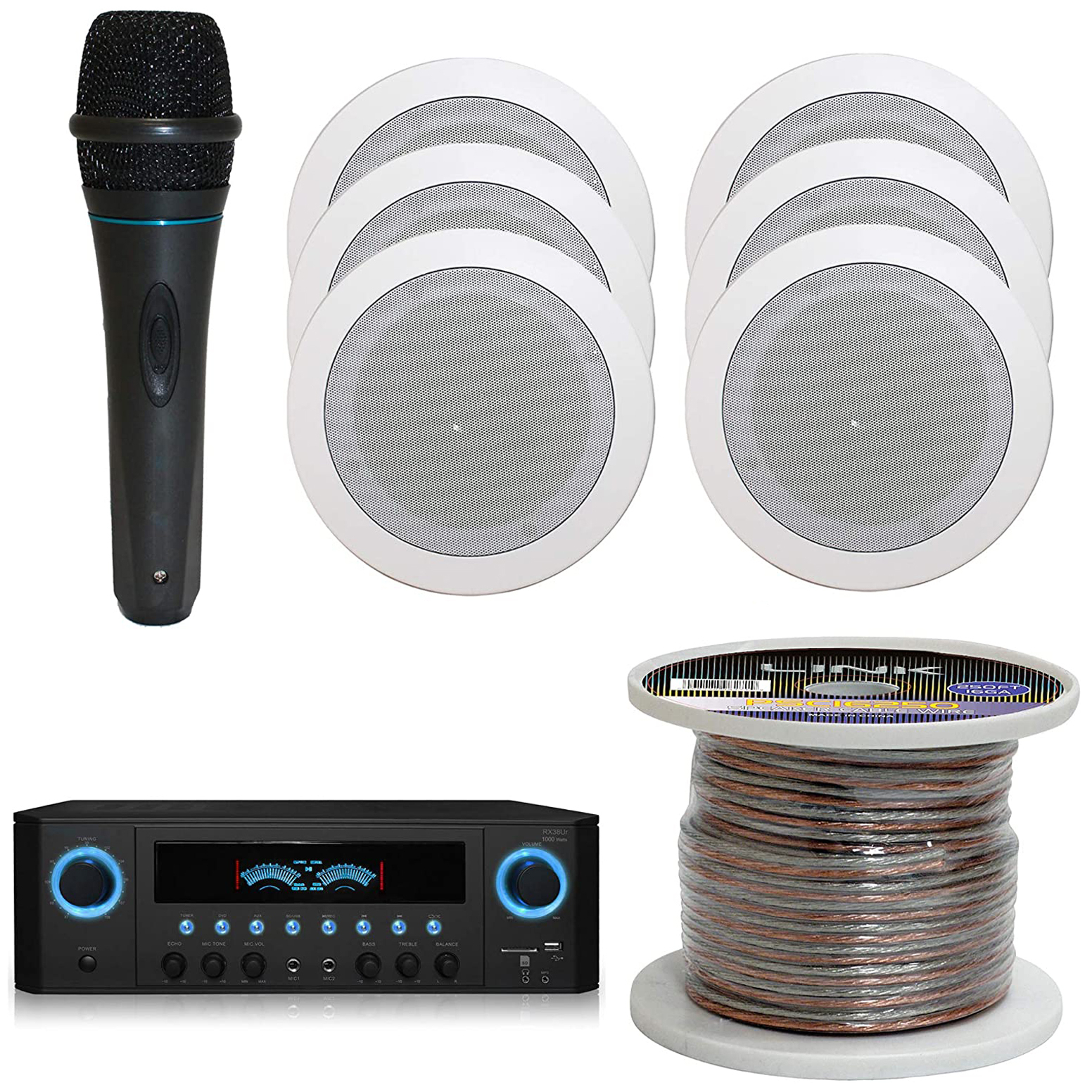 TPro 1000 W Home System W/ USB & SD Inputs, (Qty 6) 5.25 Flush Mount In-Wall Stereo Speakers, Mic W/ 10 Ft Cable & 250 Ft Speaker Wire