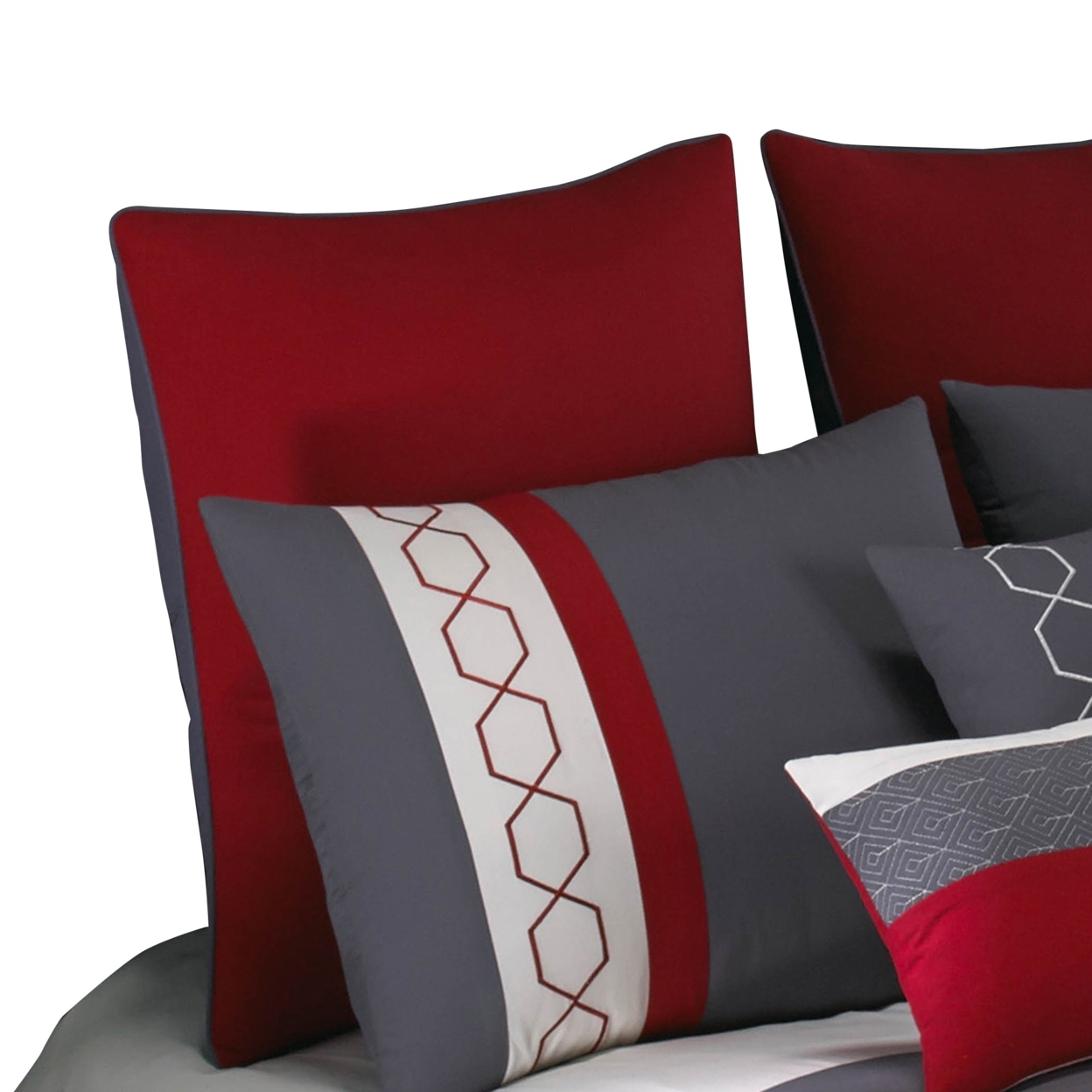 8 Piece King Comforter Set With Printed Trellis Pattern, Red- Saltoro Sherpi