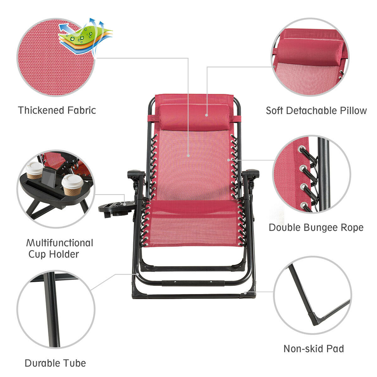 2PCS Folding Zero Gravity Lounge Chair Recliner W/ Cup Holder Pillow - Beige