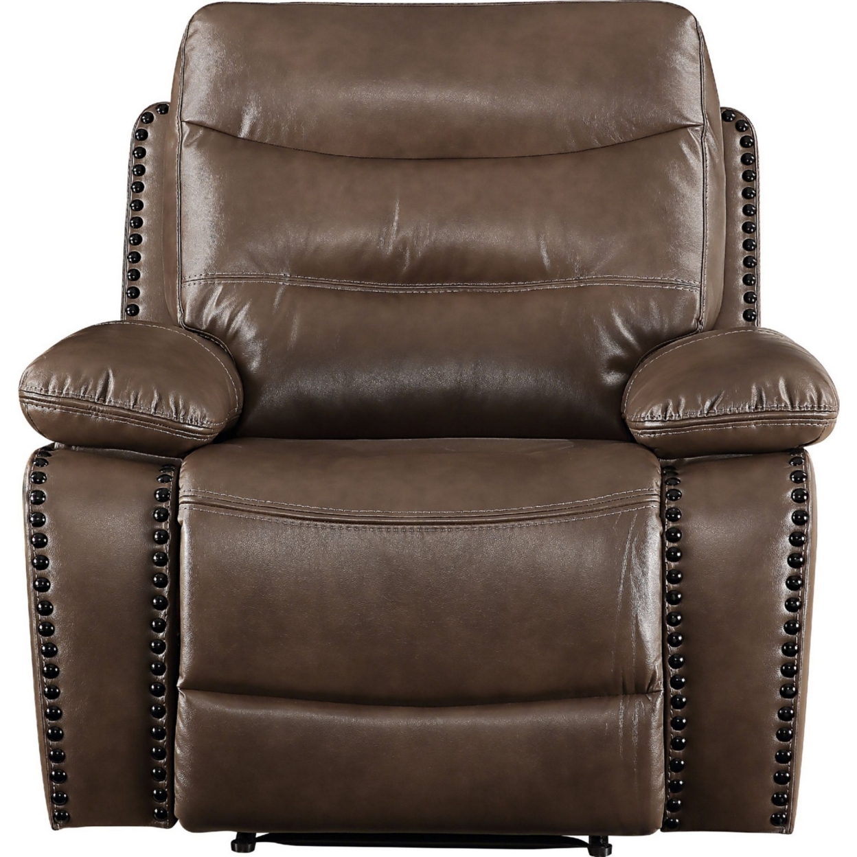 Leatherette Power Recliner With Nailhead Trim Accent, Brown- Saltoro Sherpi