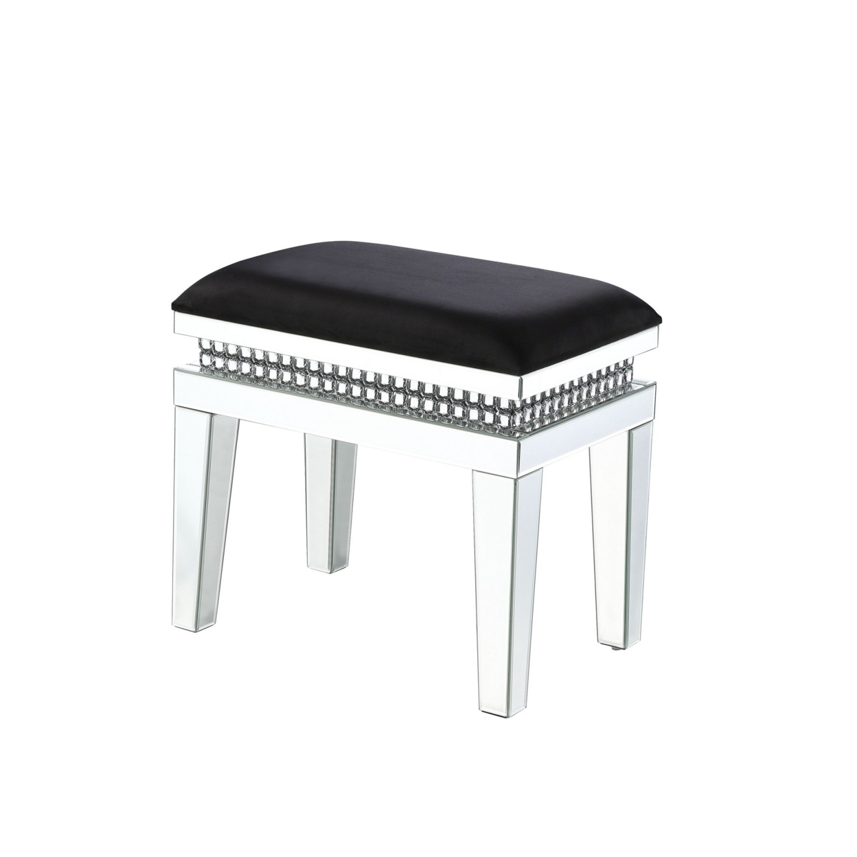 Vanity Stool With Fabric Cushioned Top Seat And Mirror Frame, Silver- Saltoro Sherpi