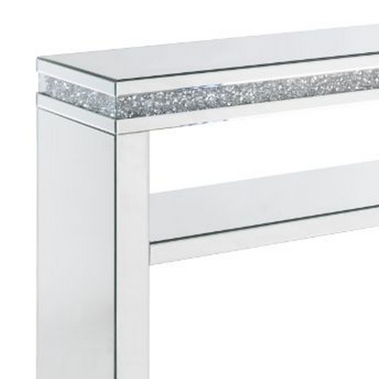 Sofa Table With Mirror Panel Frame And 1 Glass Shelf, Silver- Saltoro Sherpi
