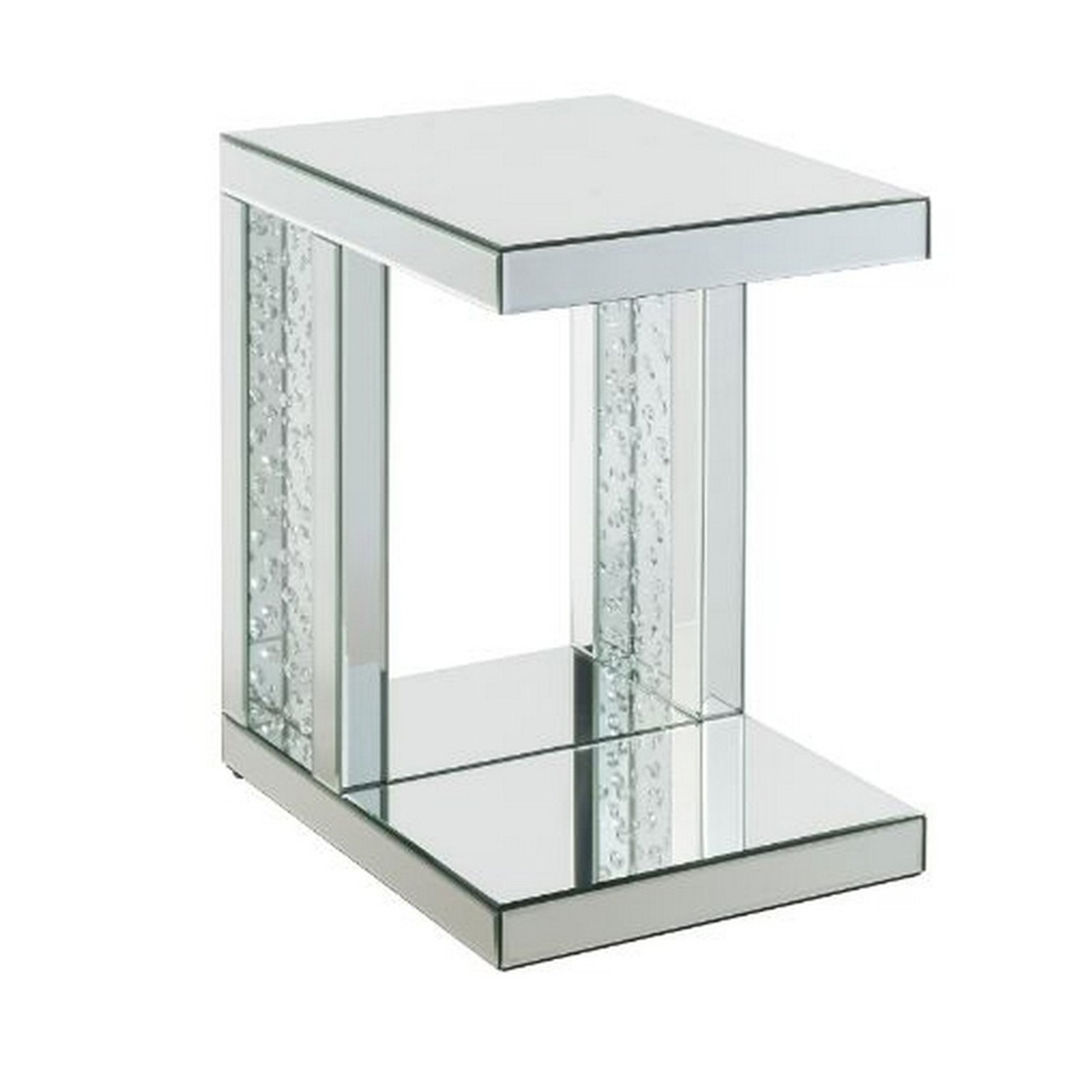 Mirrored Accent Table With C Shape And Faux Crystals, Silver- Saltoro Sherpi