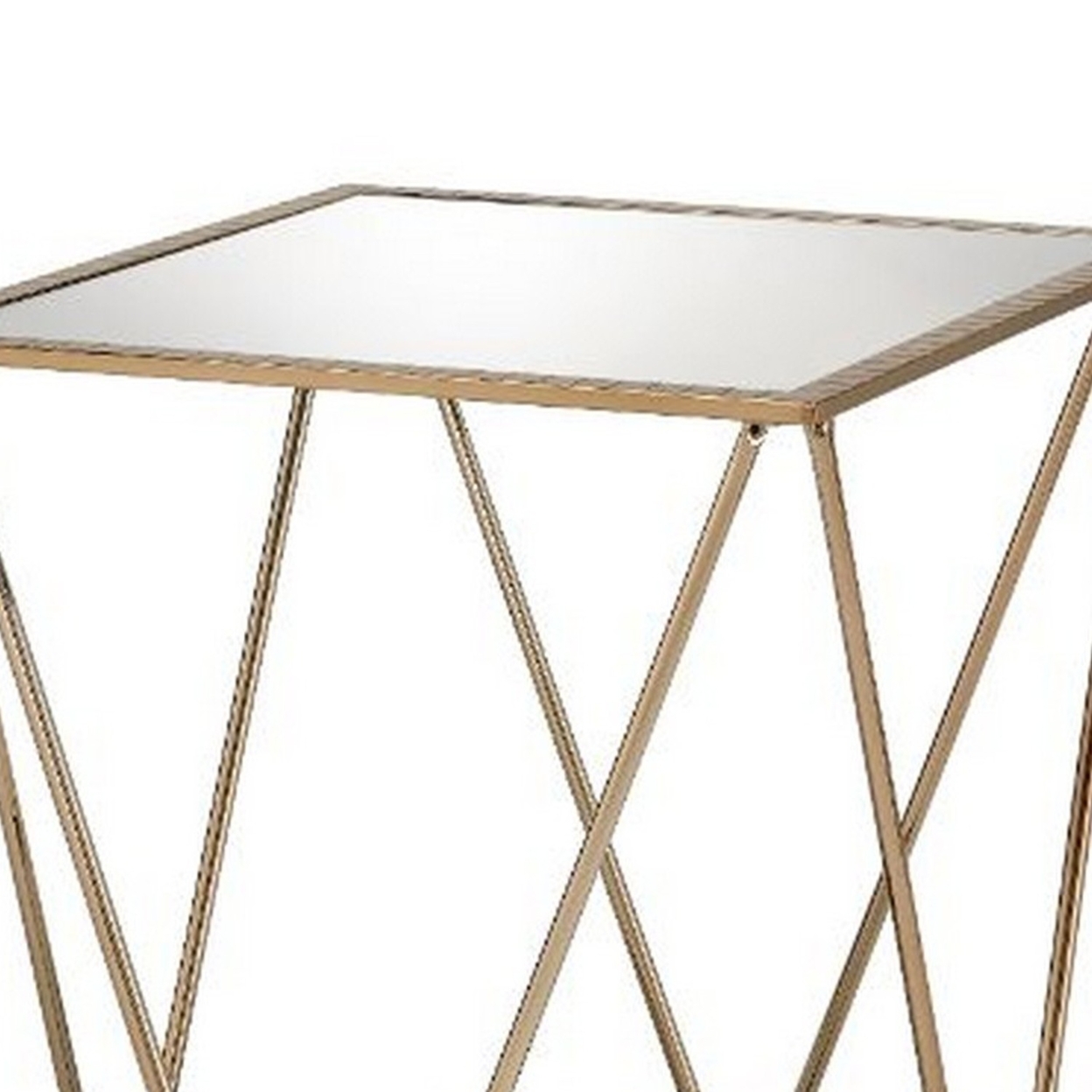 End Table With Mirror Top And Open Geometric Base, Champagne Gold- Saltoro Sherpi