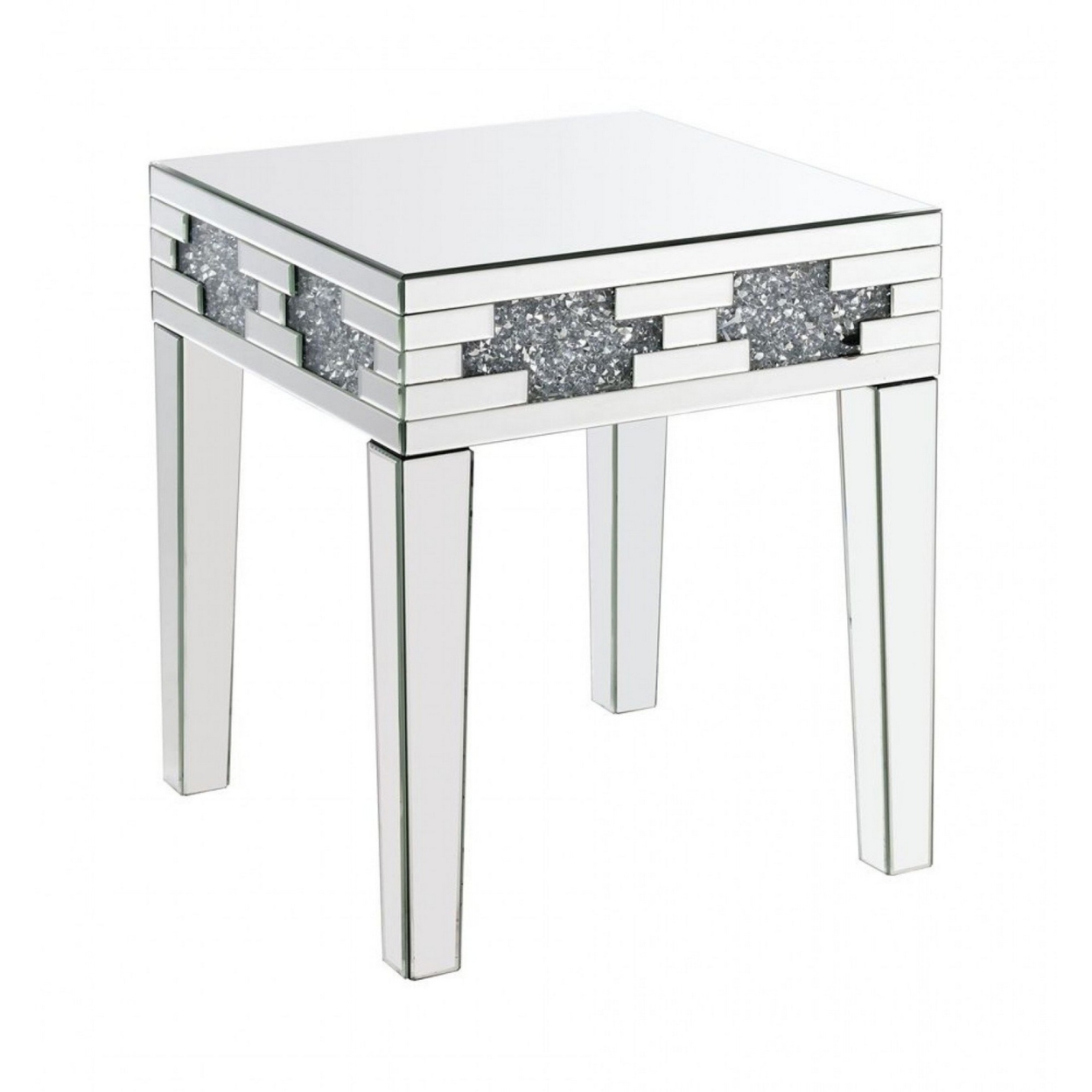 End Table With Mirror Panel Framing And Faux Diamonds, Silver- Saltoro Sherpi