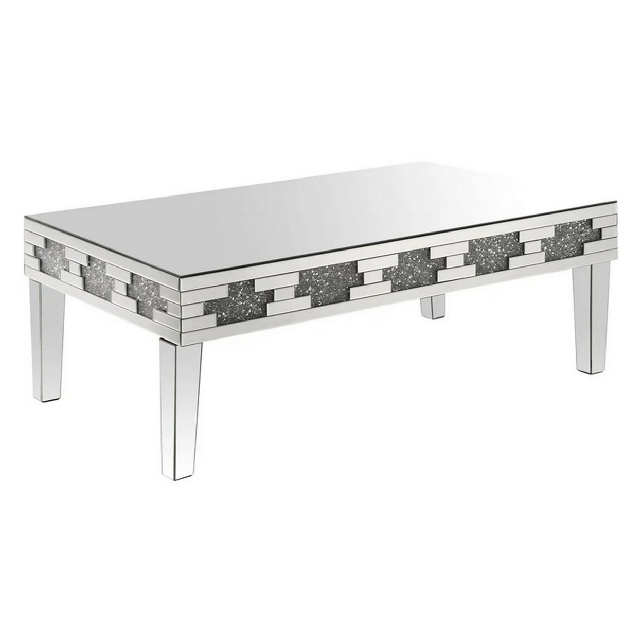 Coffee Table With Mirror Panel Framing And Faux Diamonds, Silver- Saltoro Sherpi