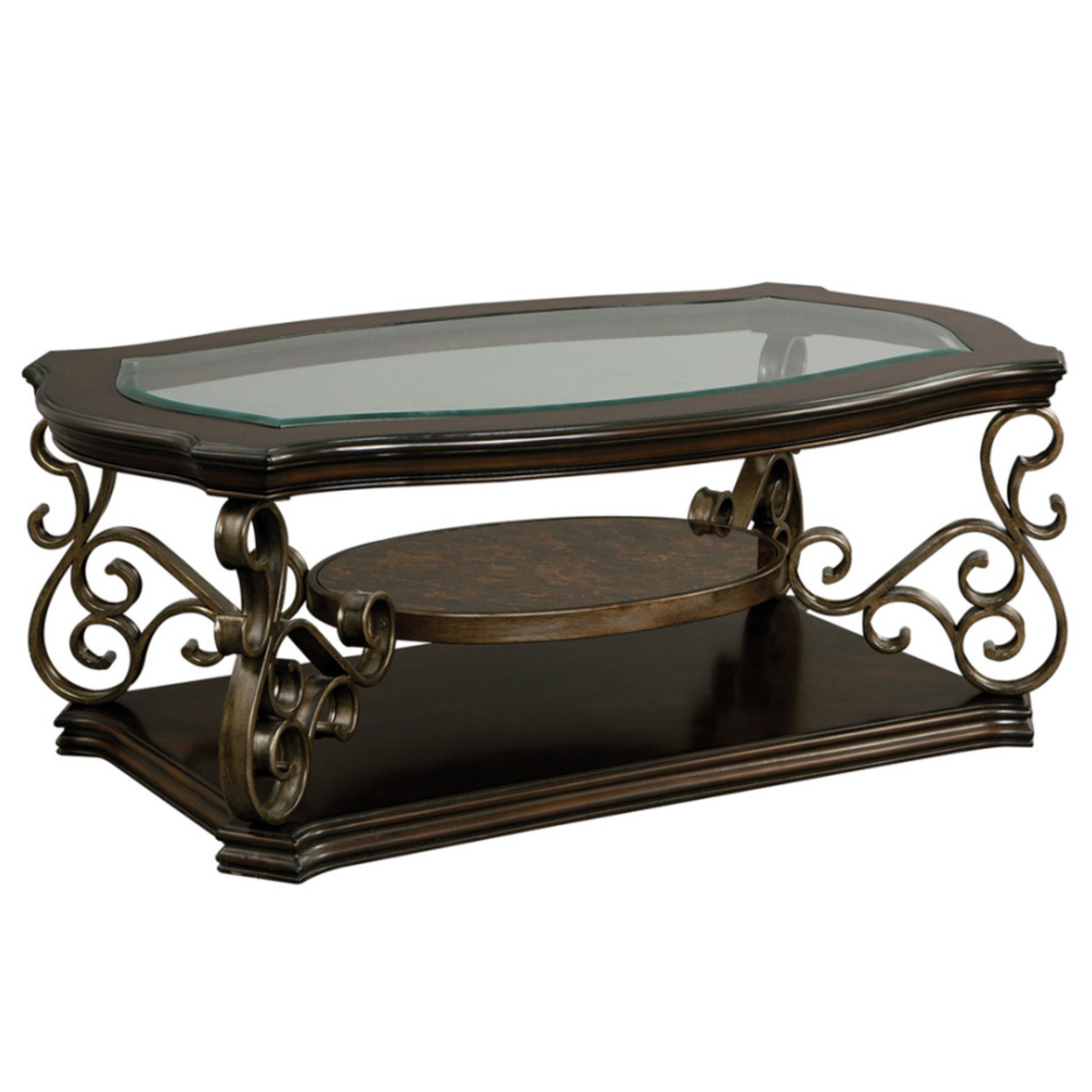 Cocktail Table With Glass Top And Scroll Accent, Brown- Saltoro Sherpi