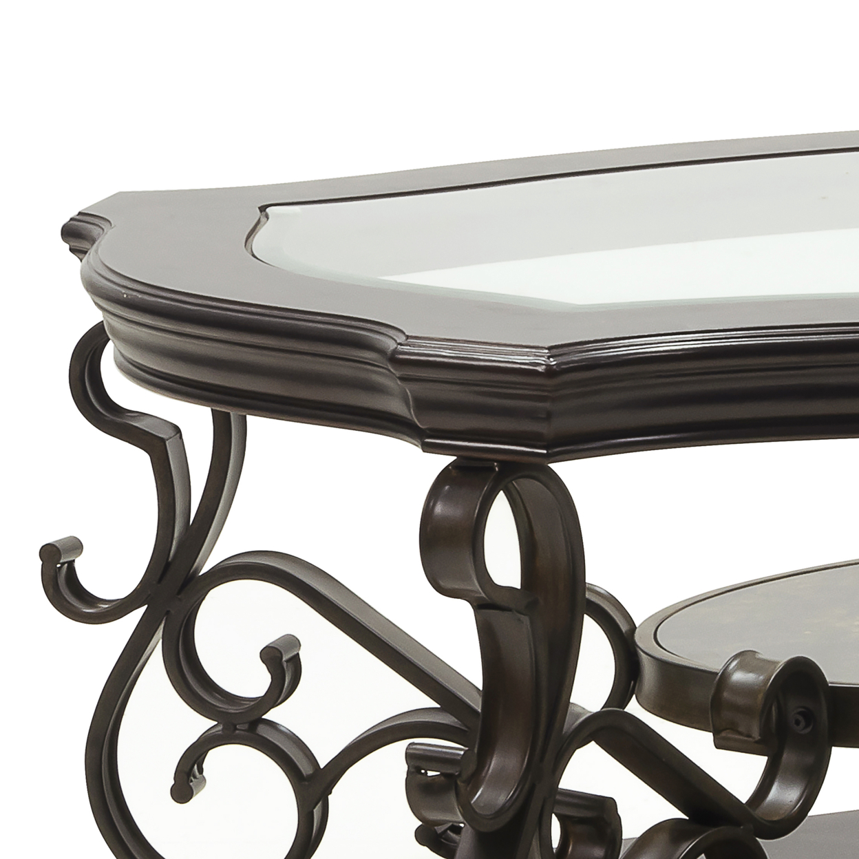 Cocktail Table With Glass Top And Scroll Accent, Brown- Saltoro Sherpi