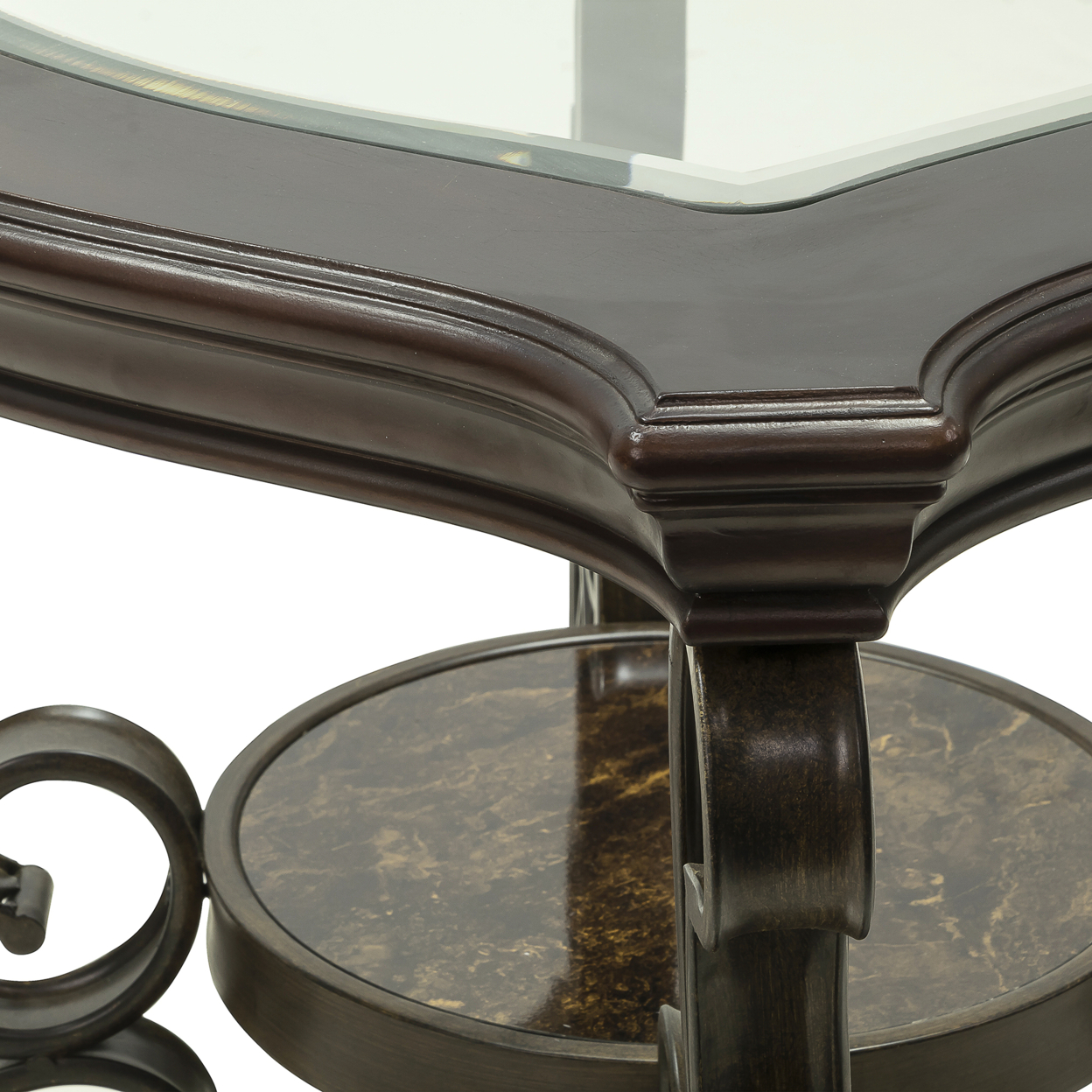 End Table With Glass Top And Scroll Accent, Brown- Saltoro Sherpi