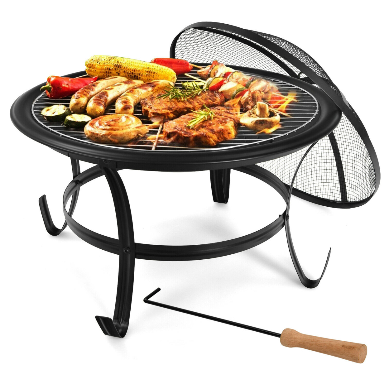 22'' Steel Outdoor Fire Pit Bowl BBQ Grill W/ Wood Grate Cooking Grate Poker