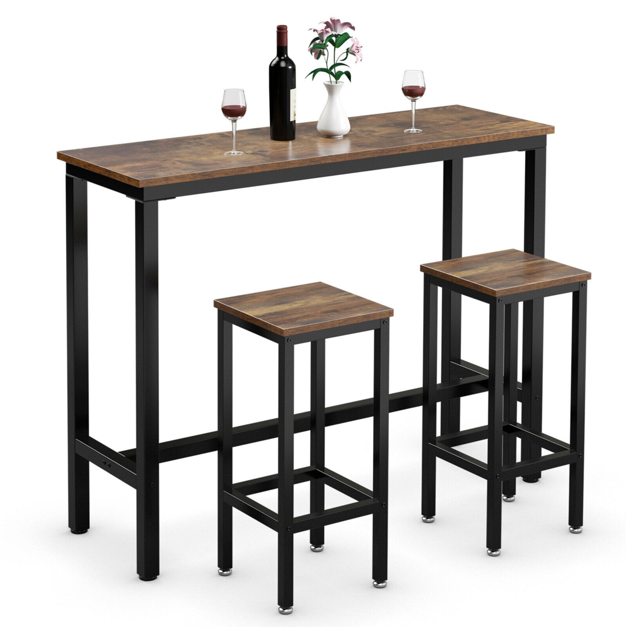 3 Pieces Bar Table Set Counter Height Bar Dining Table W/Stools Set Rustic Brown
