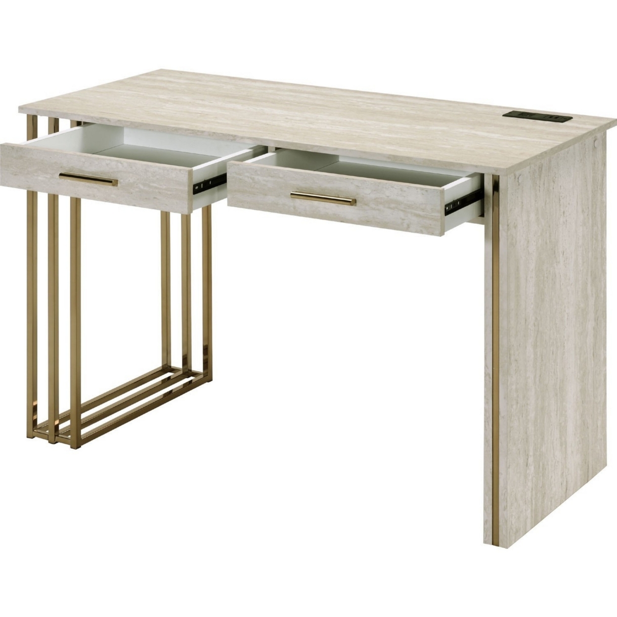 Writing Desk With 2 Drawers And Built In USB Port, Oak White And Gold- Saltoro Sherpi