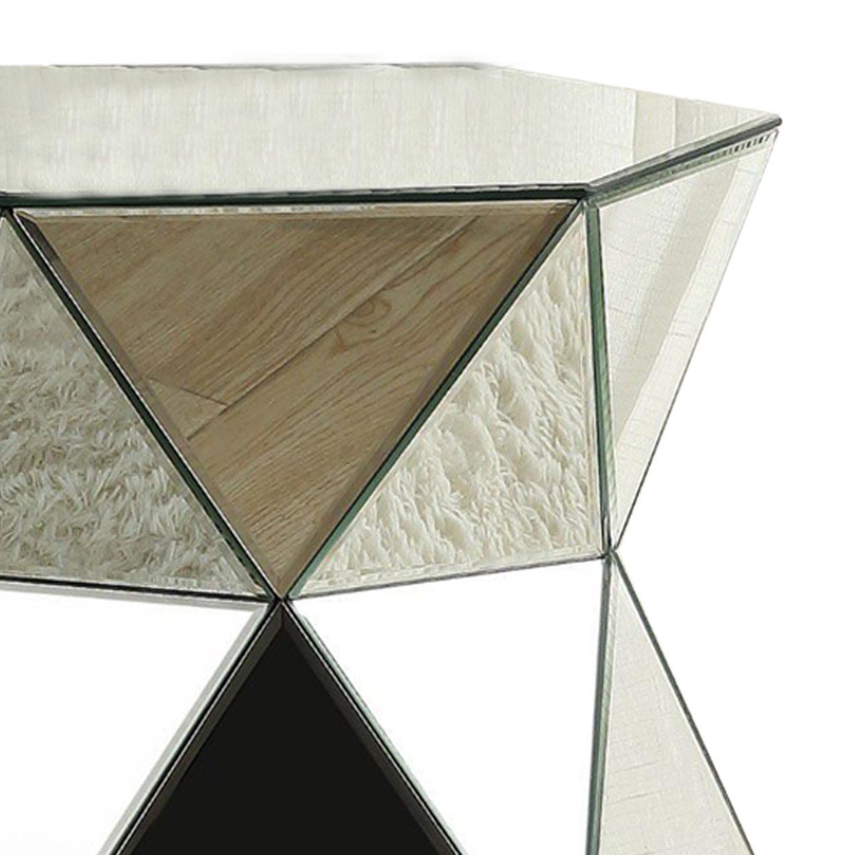 Mirrored Pedestal With Geometric Design And Faceted Sides, Silver- Saltoro Sherpi