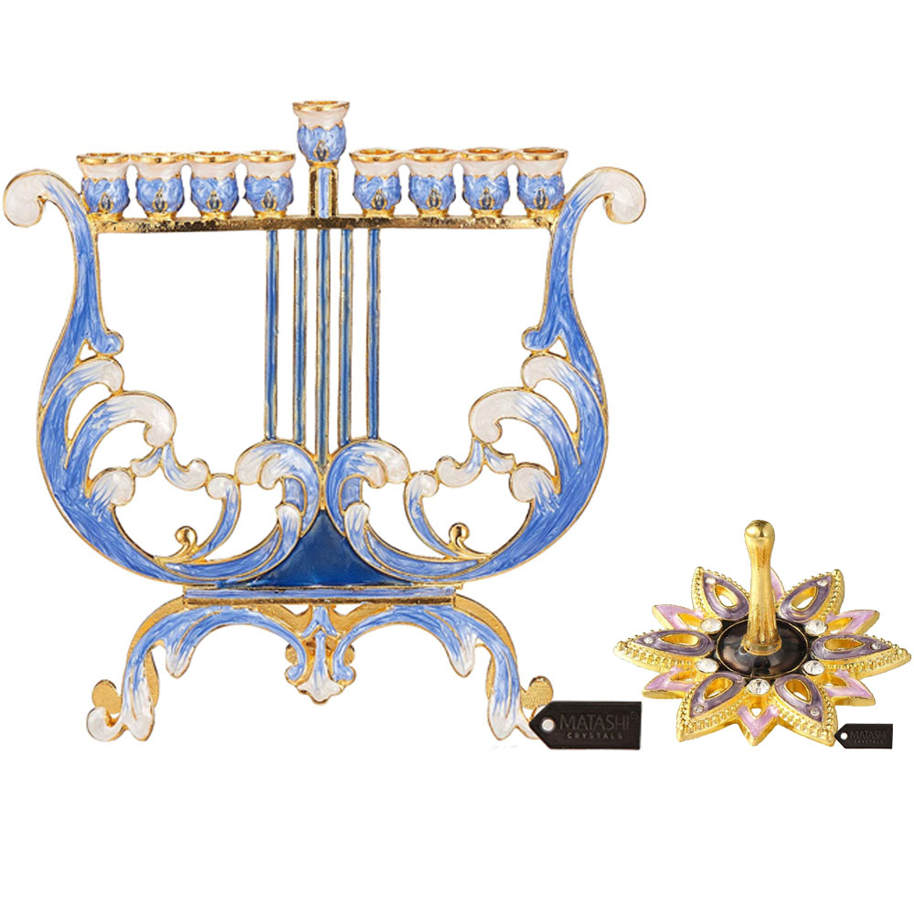 Matashi Hand-Painted Spinning Dreidel Holiday Ornaments & Blue And Ivory Harp Menorah Candelabra W/ Crystals Hanukkah Gift Jewish Decor